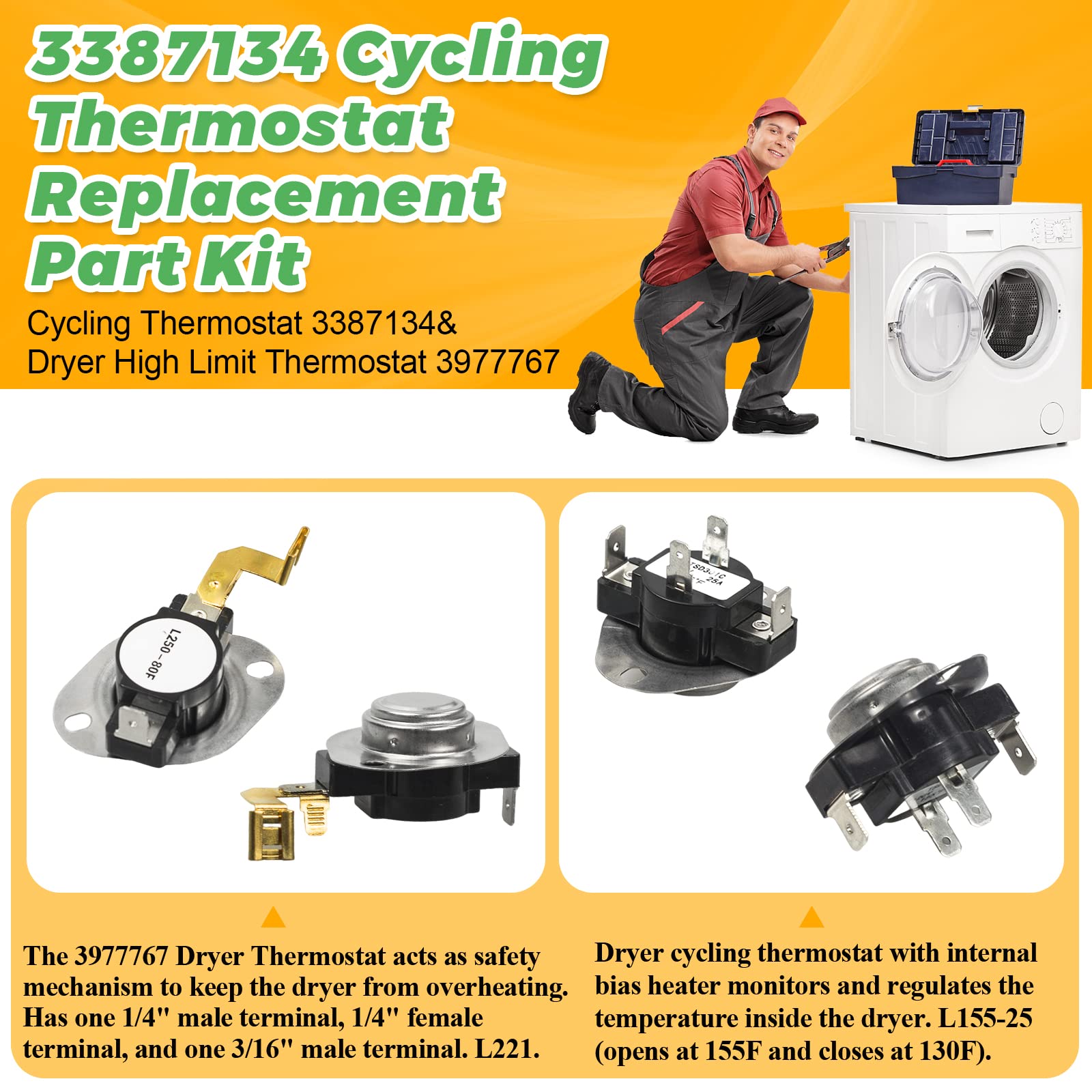 Upgraded 3387134 Cycling Thermostat 3977393 & 3392519 Dryer Thermal Fuse 3977767 High Limit Thermostat Replacement Part Kit by Techecook - Compatible for Whirlpool Kenmore Maytag Dryer