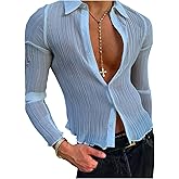 RoseSeek Men's Sheer Mesh Button Down Shirts Textured Long Sleeve Fitted Shirt Tops Party Top