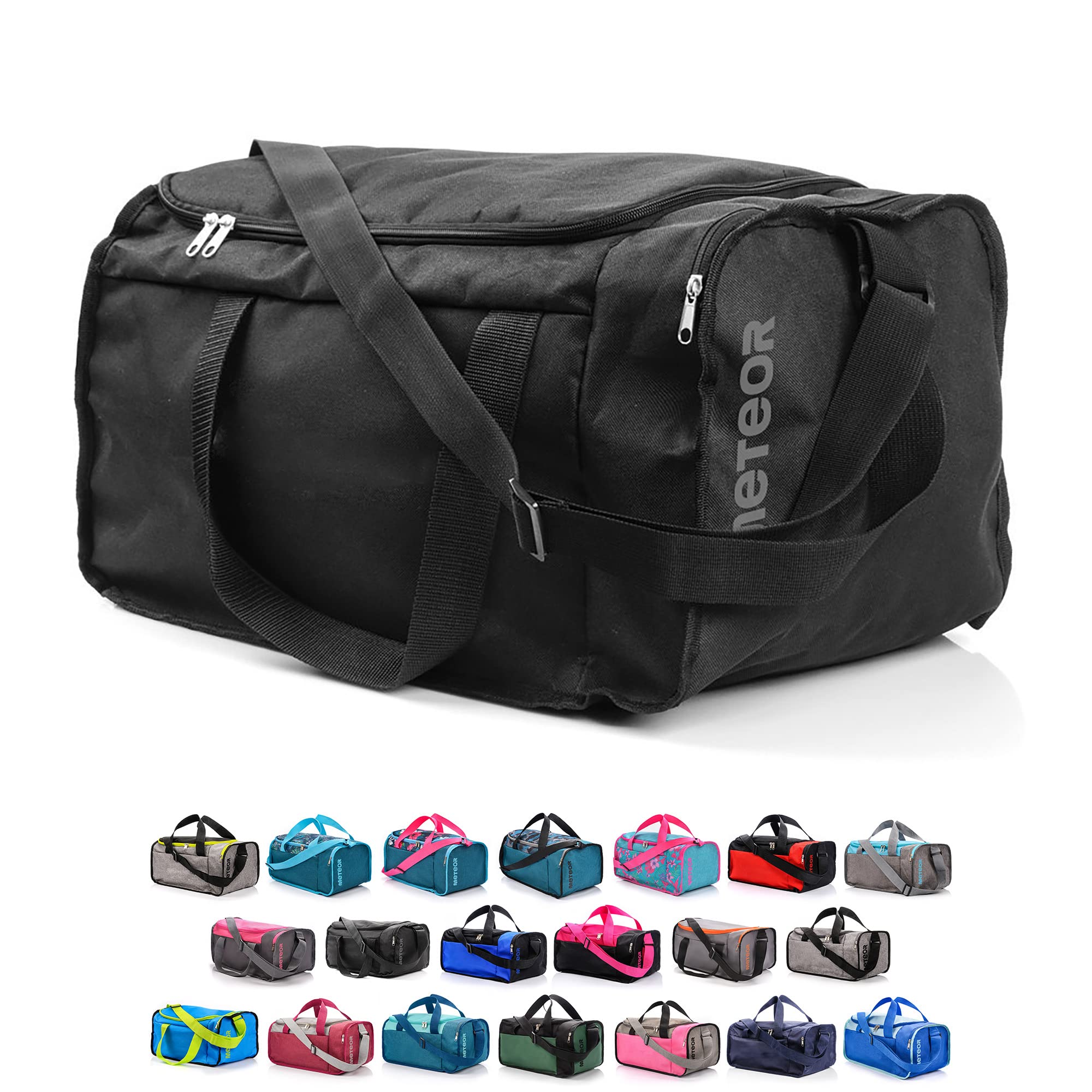 meteor Gym Bag Womens & Mens 40l - Lightweight Sports Holdall with Shoe Compartment & Shoulder Strap - Unisex Travel Duffel - Underseat Cabin Luggage for Weekend or Overnight Trip, Black 2
