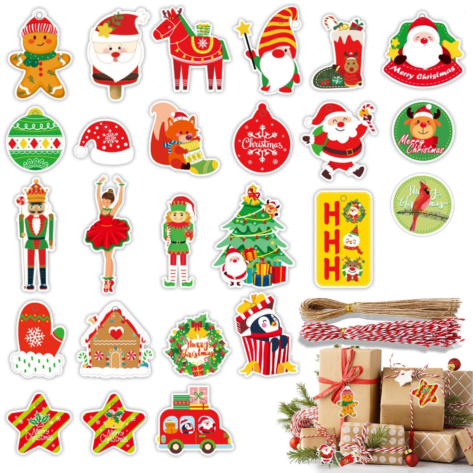 100 Pcs Christmas Labels, 25 Pattern Styles Xmas Tags for Presents, with 50pcs Cotton String and 50pcs Jute String, Gift Tags for Decorating Trees Or Gift Packaging