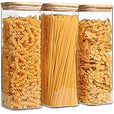 ComSaf Glass Spaghetti Pasta Storage Containers with Lids 2.2 Qt Set of 3, Tall Clear Airtight Food Storage Jar with Lid for Noodles Flour Oat Cereal Sugar Beans, Sqaure Spaghetti Pantry Containers