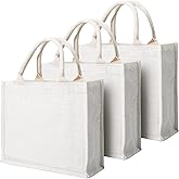 Segarty Tote Bags, 3 Pack Small White Burlap Jute Reusable Canvas Gift Favors Bag with Handles Blank Tote Bulk for Bridesmaid Wedding, Women Market Grocery Shopping, Bachelorette Party, Beach Trip