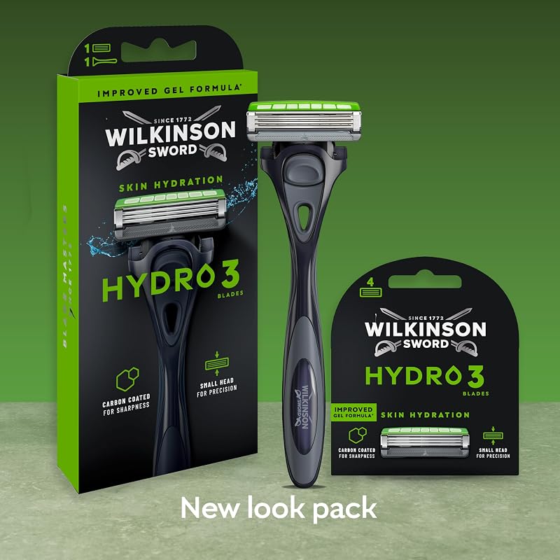 Hydro 3 cuchillas de afeitar para hombre, doble lubricación, cuchillas con revestimiento de carbono, paquete de recambio de afeitadora para hombre, 8 recambios de maquinilla de afeitar