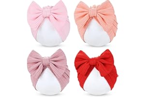 Cinaci 4 Pieces Baby Girls Turban Hats with Bow Newborn Hospital Caps Bonnets Beanies Headwraps for Infants Toddlers