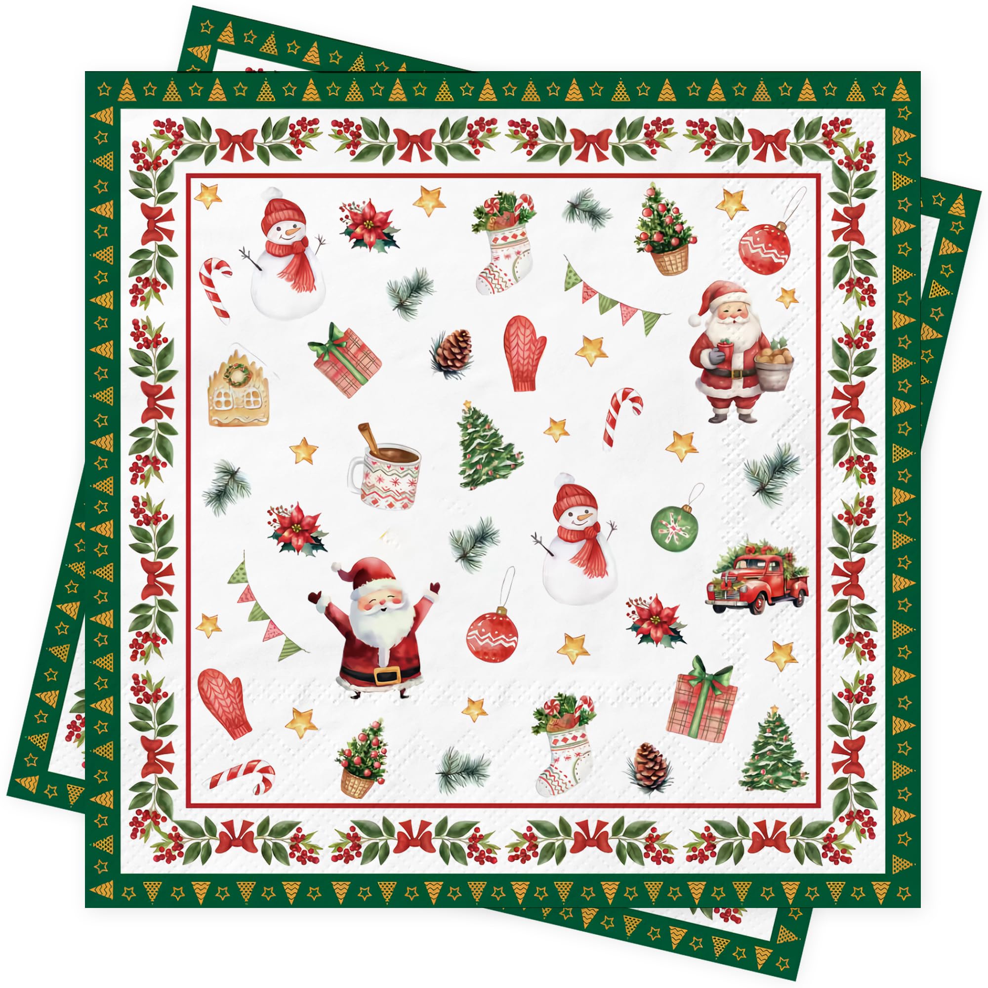 Christmas Napkins Table Decoration 80Pcs Xmas Tree Snowman Santa Claus Paper Napkins Merry Christmas Tissue Napkin for Xmas Party Cocktail Serviettes