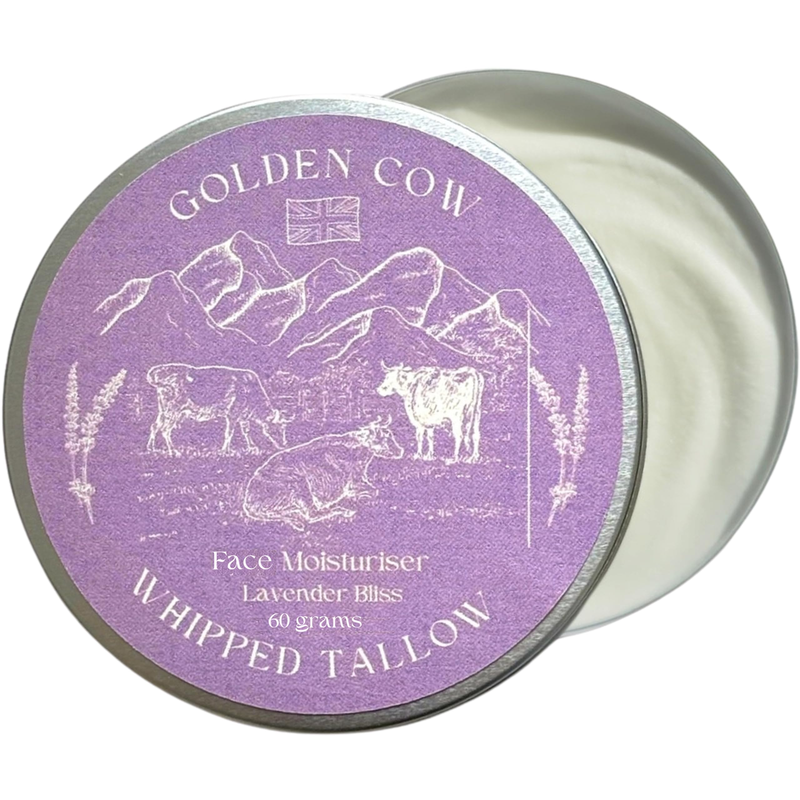 Beef Tallow Whipped Balm – Grass Fed Beef Tallow Face Cream & Moisturiser - Lavender Scented 60g Golden Cow Hydrating Whipped Balm for Dry Skin - Natural Skin care for Face & Body by Forticare