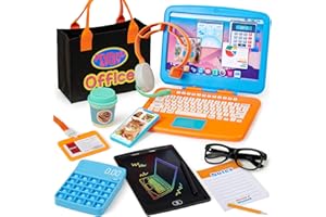 Cleboen Pretend Play Home Office Set for Kids — Toy Laptop Computer, LCD Writing Tablet, Pop Fidget Calculator, Phone, Headset, Glasses, Coffee Cup & Handbag, Birthday Gifts for Boys Girls Age 3-5-7