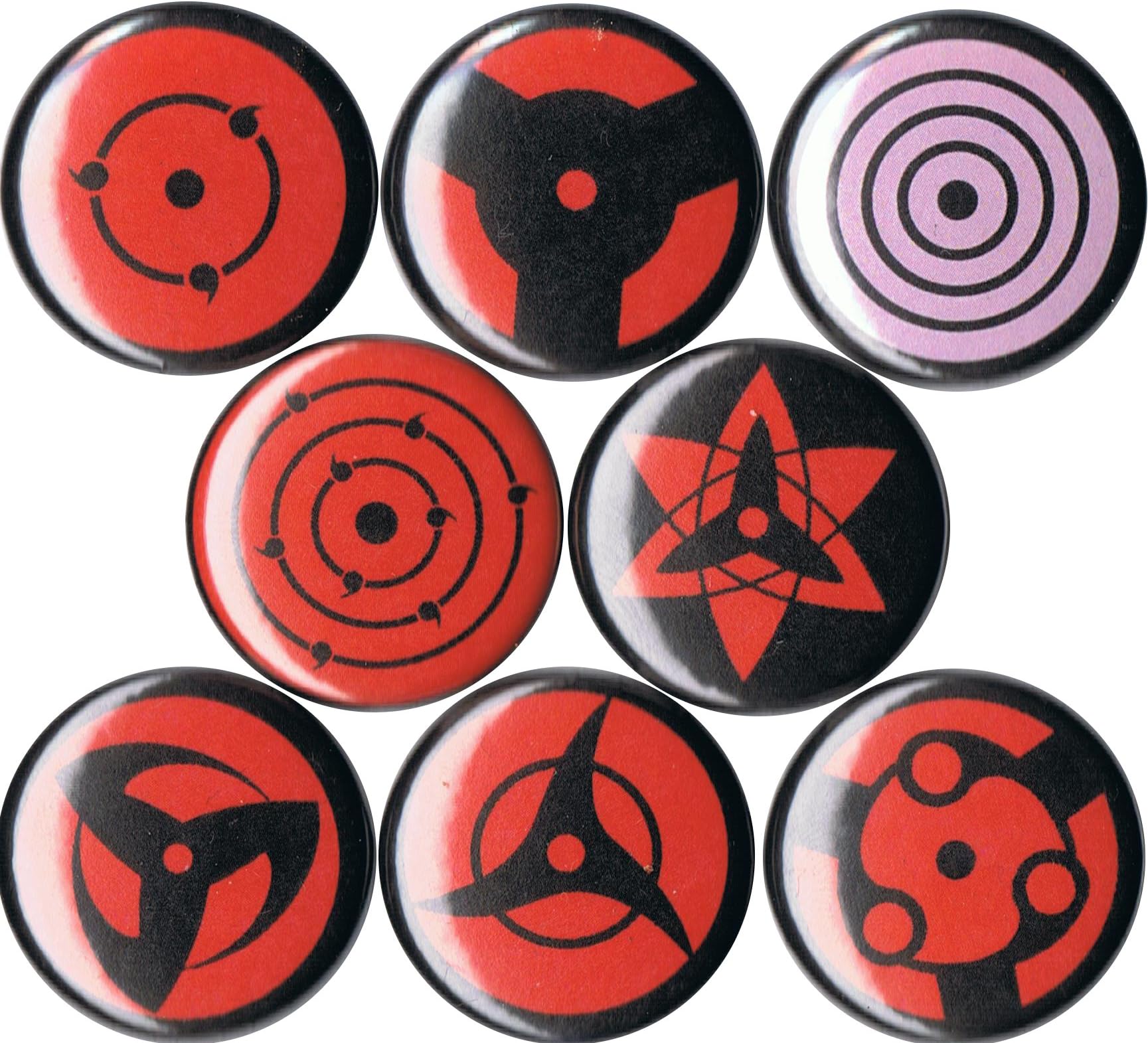 Set of 8 Naruto Sharingan 1" pins/buttons/badges