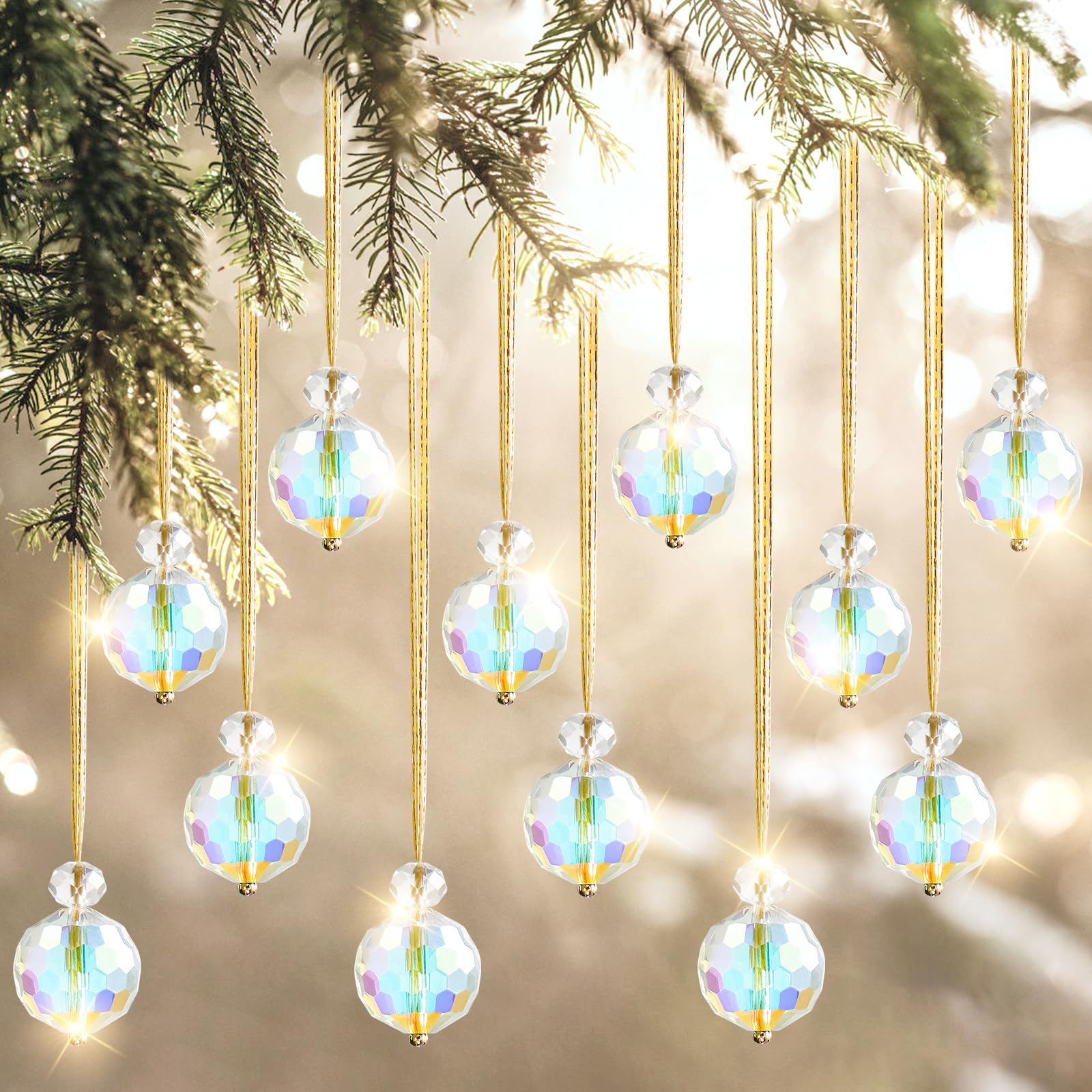 UXORSN 12PCS Christmas Tree Decorations Crystal Ball Hanging Ornaments 22mm Glass Christmas Baubles Rainbow Prism Balls Suncatcher Xmas Tree Multicolor Pendants for Xmas Party Wedding Home Decor