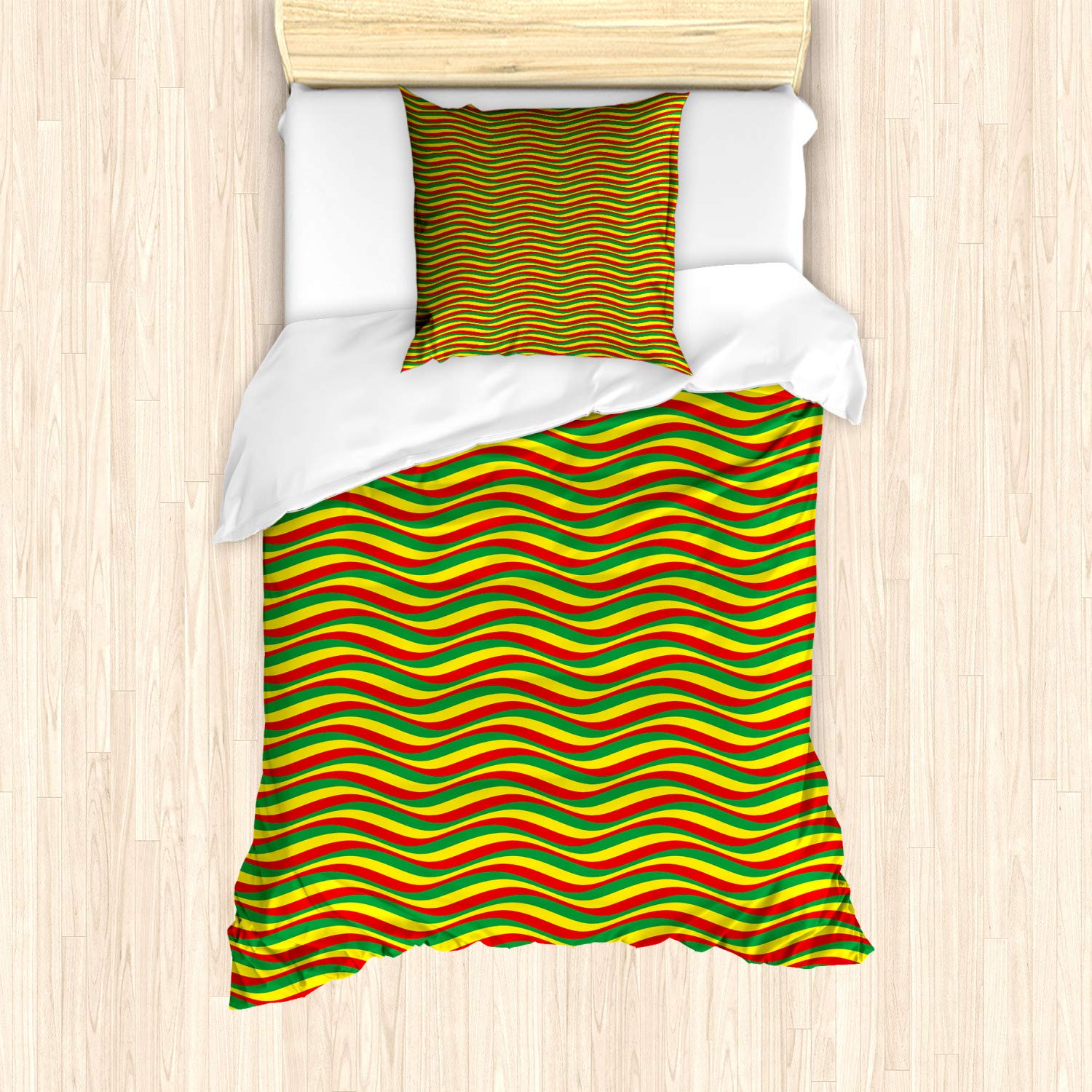ABAKUHAUS Rasta Duvet Cover Set, Vivid Colors Ethiopian Flag Colors in Wavy Style Stripes Image, Bedding Set 2 Pieces with 1 Pillow Shams, 135 cm x 200 cm, Marigold Green And Red — image 1