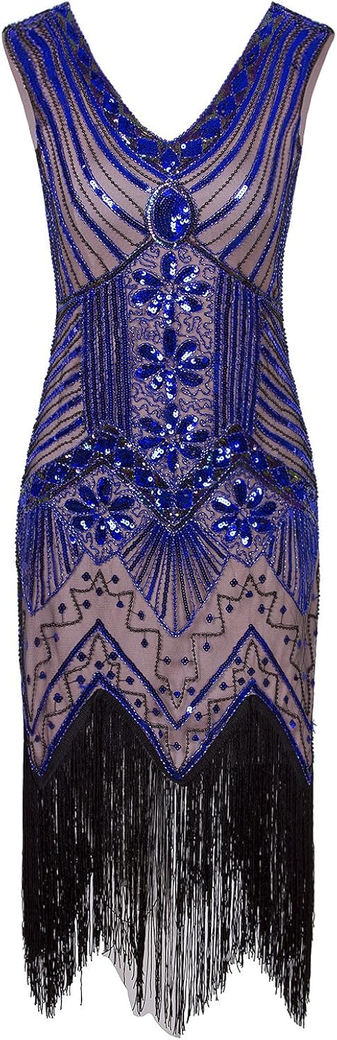 Vijiv Women 1920s Gastby Sequin Art Nouveau Embellished Fringed Flapper Dress