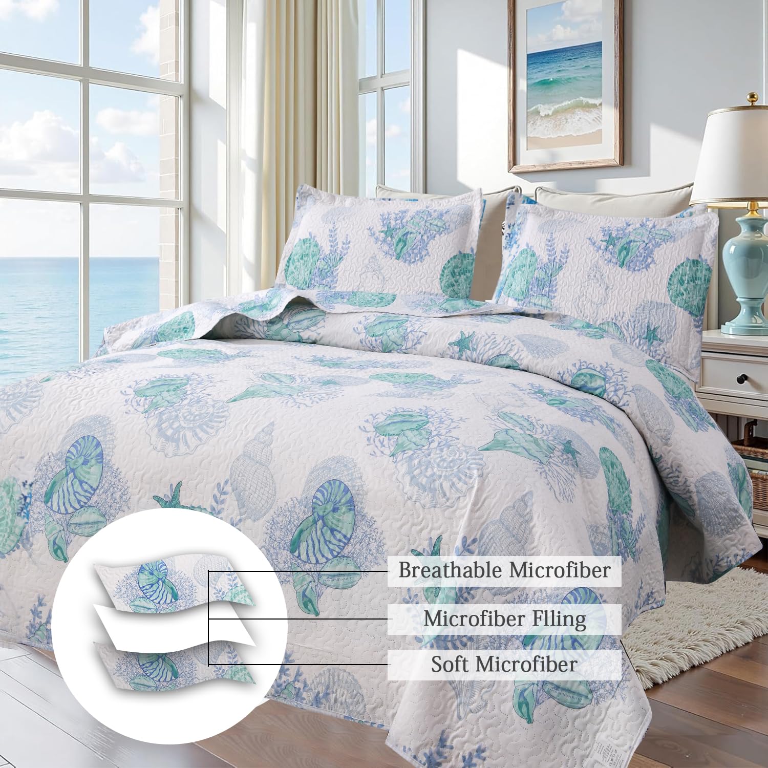 Condition photo showing New/Like New for hailea ocean quilt king size coastal bedding lightweight summer beach theme bedspread nautical cover