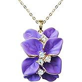 Navachi 18k Gold Plated Clear Crystal Enamel Leaves Flower Pendant Necklace 16"+2"
