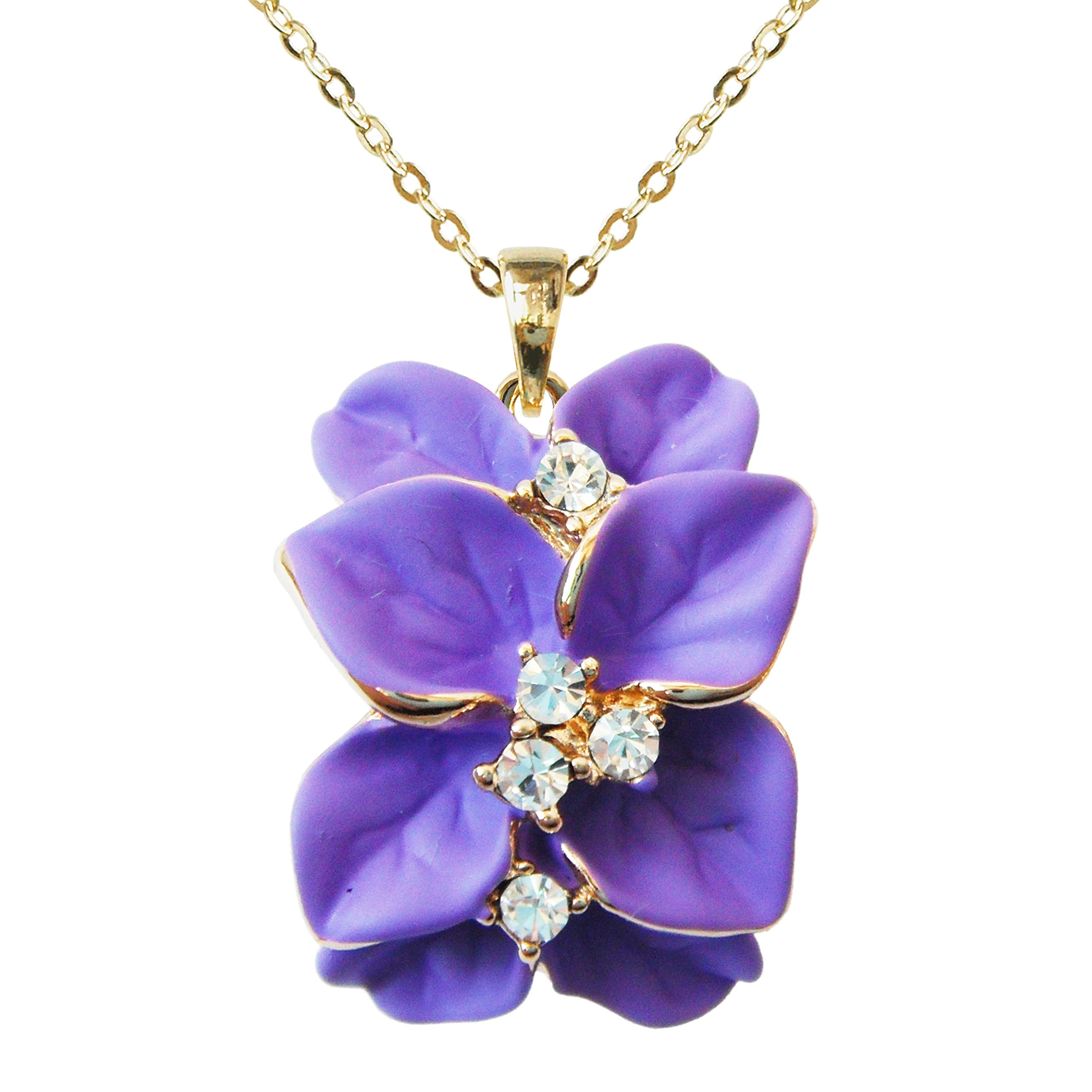 Navachi 18k Gold Plated Clear Crystal Purple Enamel Leaves Flower Az6073p Pendant Necklace 16"+2" — image 1
