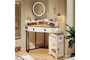 FREDEES Corner Vanity with Mirror and Lights,Modern Makeup Vanity Set with Charging Station for Bedroom/Cloakroom,Glass Top Vanity Table with Drawers and Shelves,White