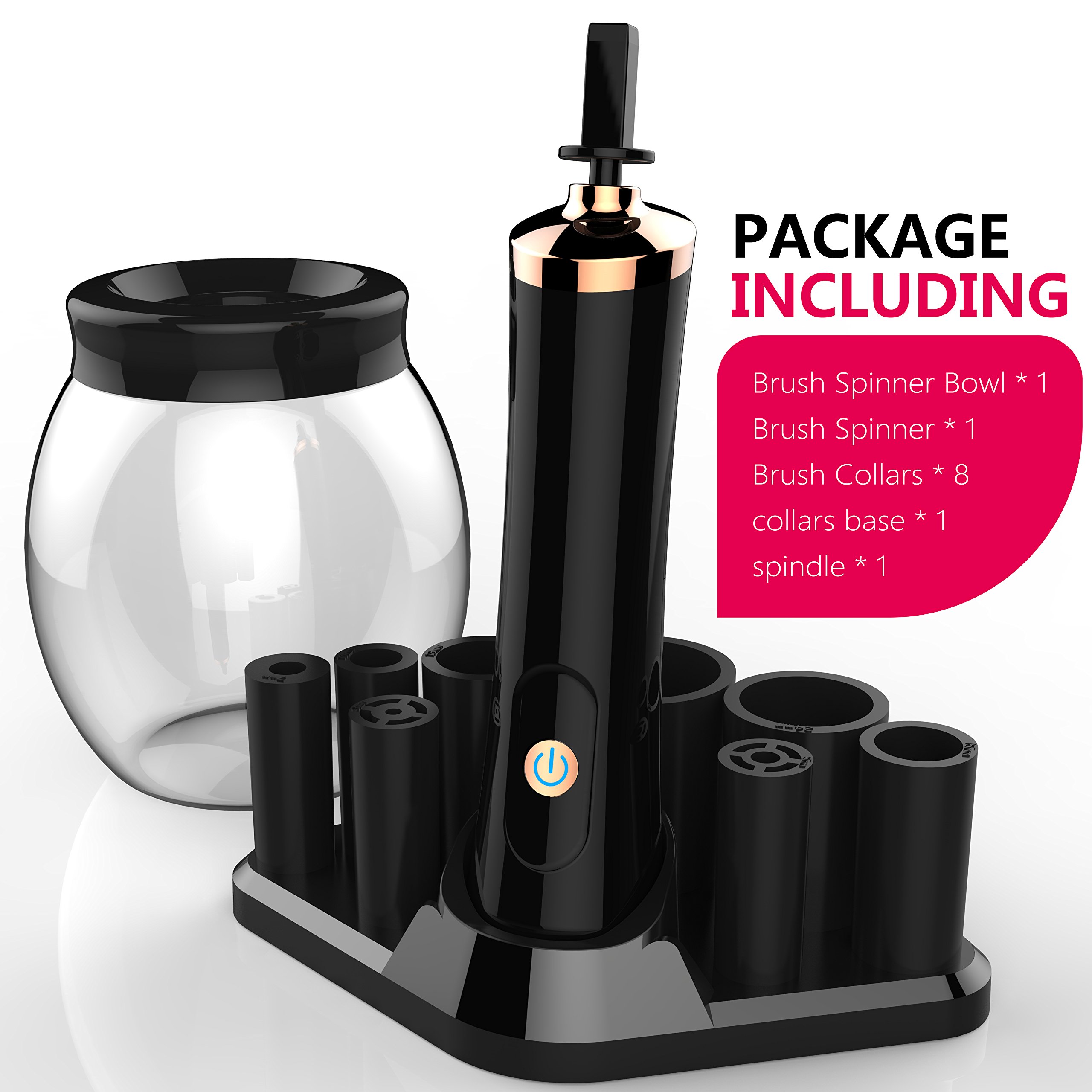 Make Up Brush Cleaner Lammcou Macchina Pulizia del Pennello Completamente Pulito e asciutto in pochi secondi in rotazione a 360 ° con 8 Supporti in Gomma, Adatto per Tutte le dimensioni di Pennelli per il Trucco-Nero