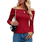 DCCISU Women’s Off Shoulder Long Sleeve Ribbed Tops Fitted Basic Shirts Soft Stretch Slim Going Out Tops