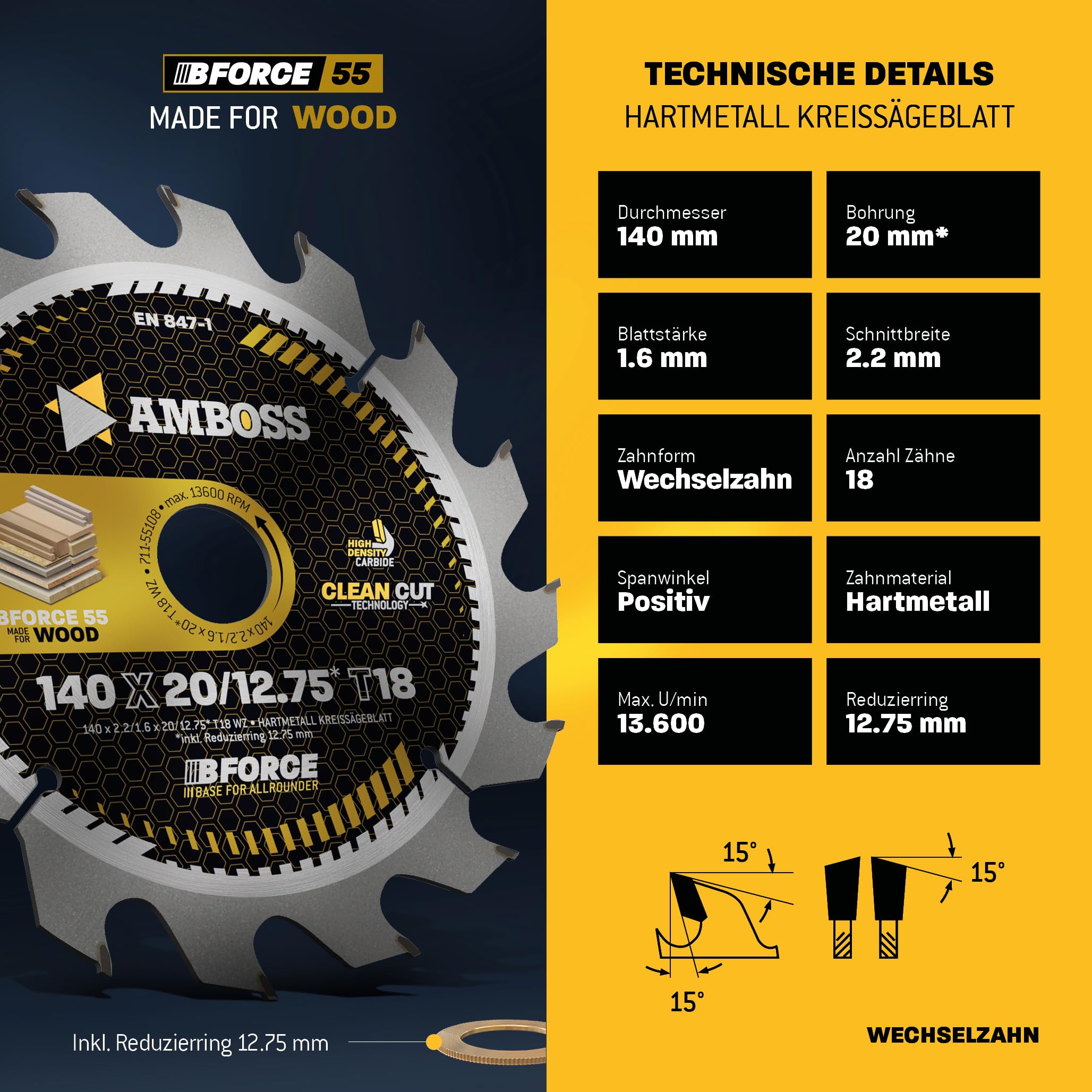 HM Kreissägeblatt 165x20 16 Z12 Wechselzahn für Holz - Zuschnitt. AMBOSS WERKZEUGE® Sägeblatt 165mm +Reduzierring 16 20mm. 165x20 165x16 komp. zu Bosch GKS 165. GKS 55+. GKS55+G. GKS55+GCE. Makita 4