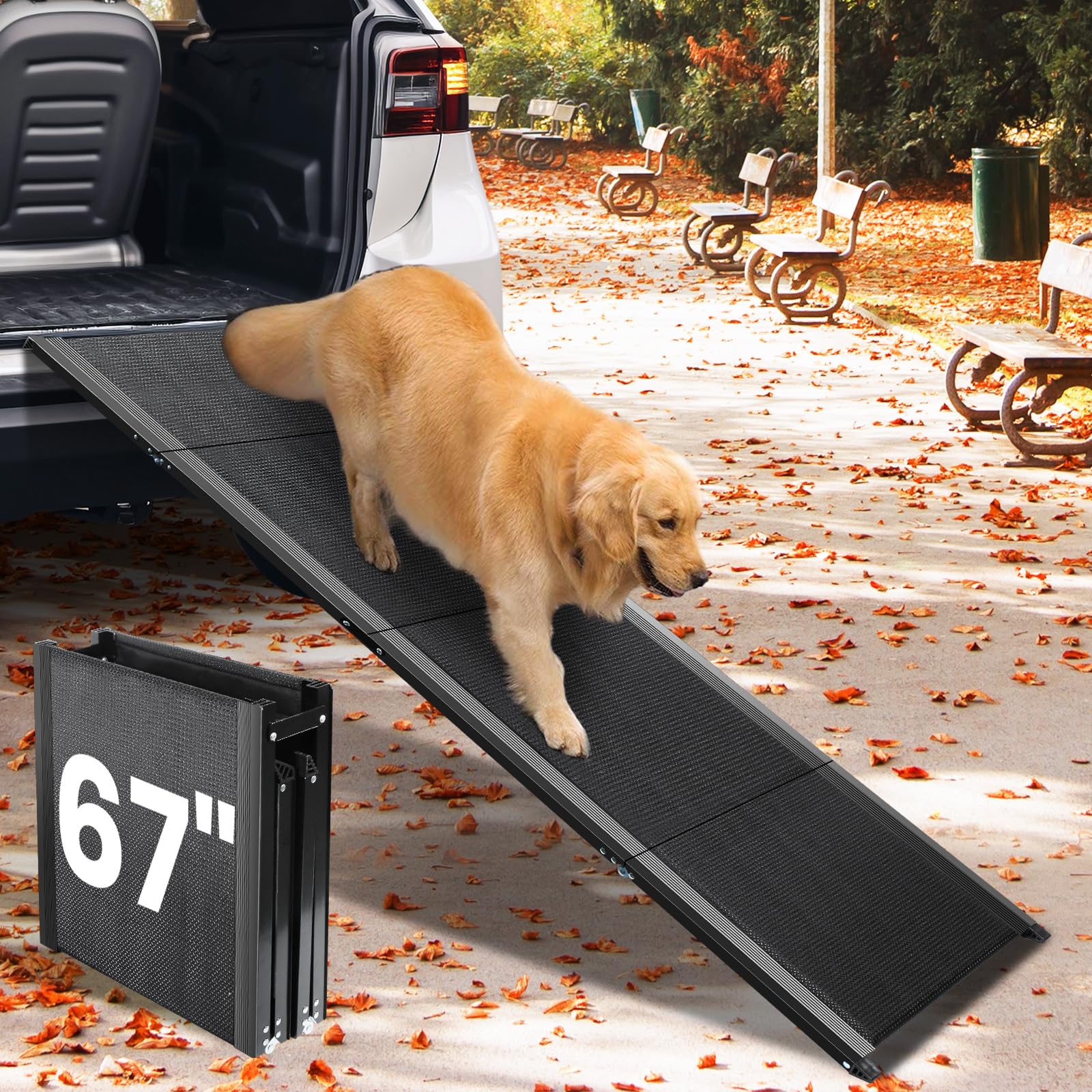 Photo 1 of Dog Ramp for Car, 67''x 17'' Extra Long Folding Dog Ramp, Pet Ramp for Large Dogs with Non-Slip Rug Surface, Portable Dog Steps Up to 250LBS, Outdoor Dog Ramp for Car, High Bed Couch