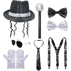 CozofLuv Pop Star Costume Accessory Set, Sequin Fedora Hat with Curly Wig, Suspenders, Tie, Bow Ties, Gloves, Sunglasses, Mic