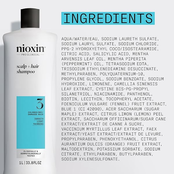 NIOXIN SYSTEM 3 SCALP + HAIR SHAMPOO | FOR COLORED OR DAMAGED HAIR WITH LIGHT THINNING | WITH NIACINAMIDE AND BIOTIN | 33.8 FL OZ.