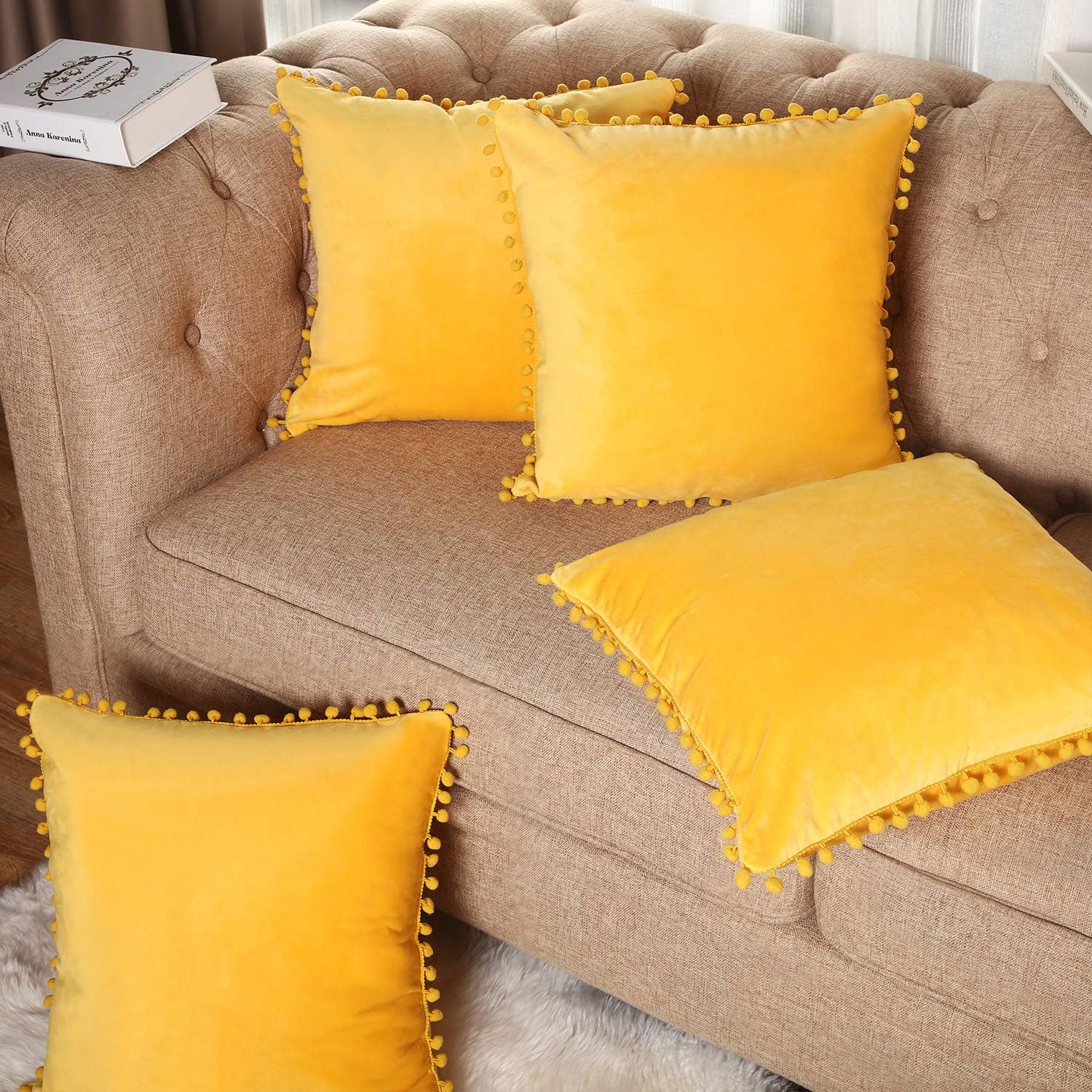 Home Farmhouse Yellow Velvet Throw Pillow Covers With Pom Poms Pillow Case eBay