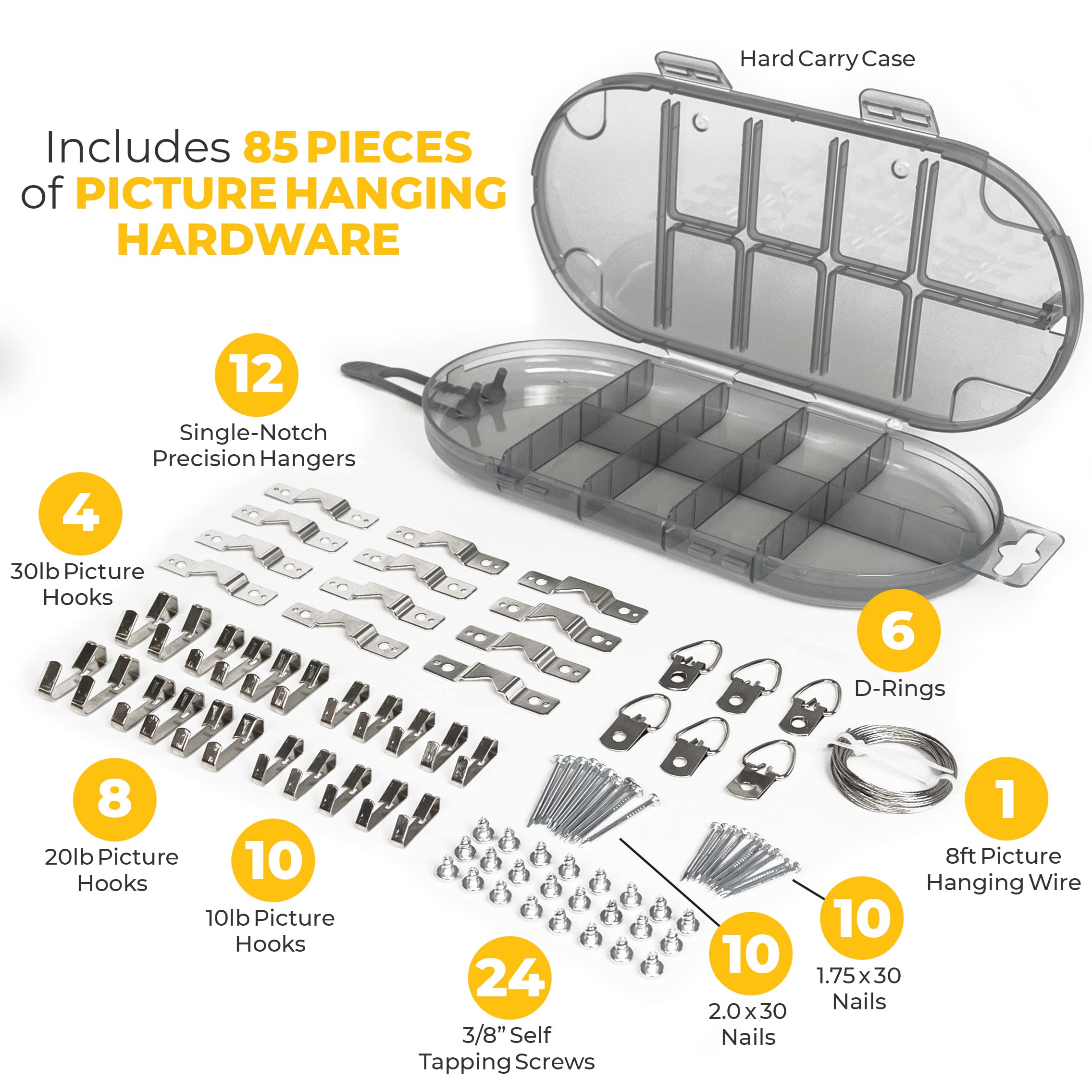 Go Hang It! Pro, All-in-One Picture Hanging Kit - Picture Leveling and Hanging Tool - Hang Sawtooth/Wire Hangers - Wall Hanging Kit and Level Tool - Hardware Case with 85-Piece Hanging Essentials
