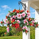 Inxugao Artificial Flowers for Outdoors Indoors,3 Bunches Fake Hibiscus with Hanging Basket Foam Realistic UV Resistant Silk Flower Leaves,Faux Plant for Outside Home Patio Garden Poch Decor(Red,Pink)