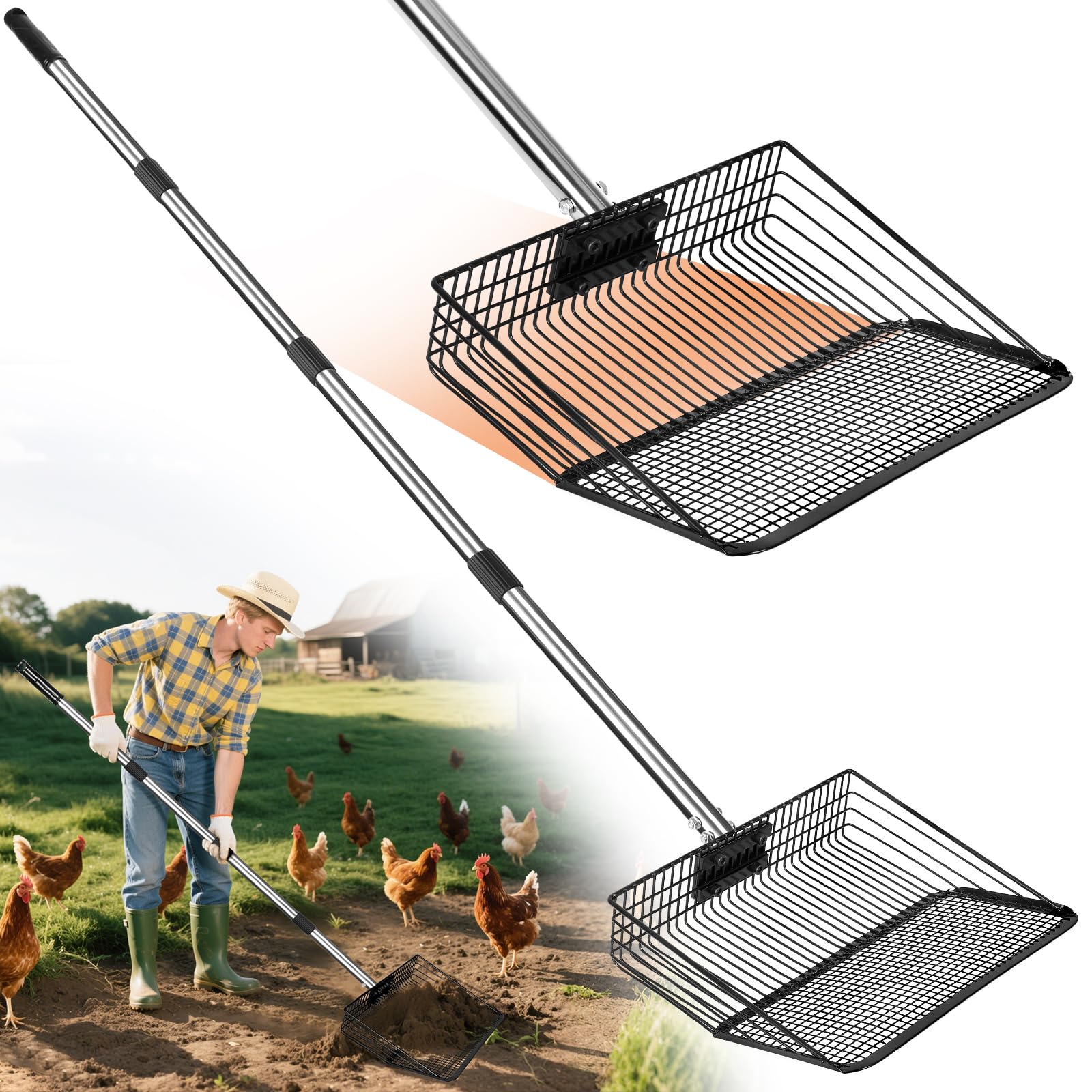 Photo 1 of ***PARTIAL SET - PRICE ADJUSTED***
Chicken Poop Scooper - Stainless Steel Sifter Shovel 10 Inch Wide, 4-in-1 Detachable Tool 63 Inch Adjustable Metal Non-Slip Ergonomic Handle Heavy Duty Clog-Free Mesh Coop Scoop Cleaning Supplies