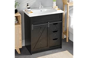 ELEVACHIC 30" Bathroom Vanity with Sink, Farmhouse Bathroom Cabinet, Bathroom Vanity Set with Sliding Barn Door & 3 Drawers, Freestanding Bathroom Vanities with Metal Handle, Black