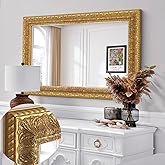 Chende Vintage Gold Mirror for Decor, Large Bathroom Wall Mirror with Symmetrical Leaf Shape, 37" L x 25" W Traditional Wood Mirror for Master Bath Half Bath Kitchen Bedside Table