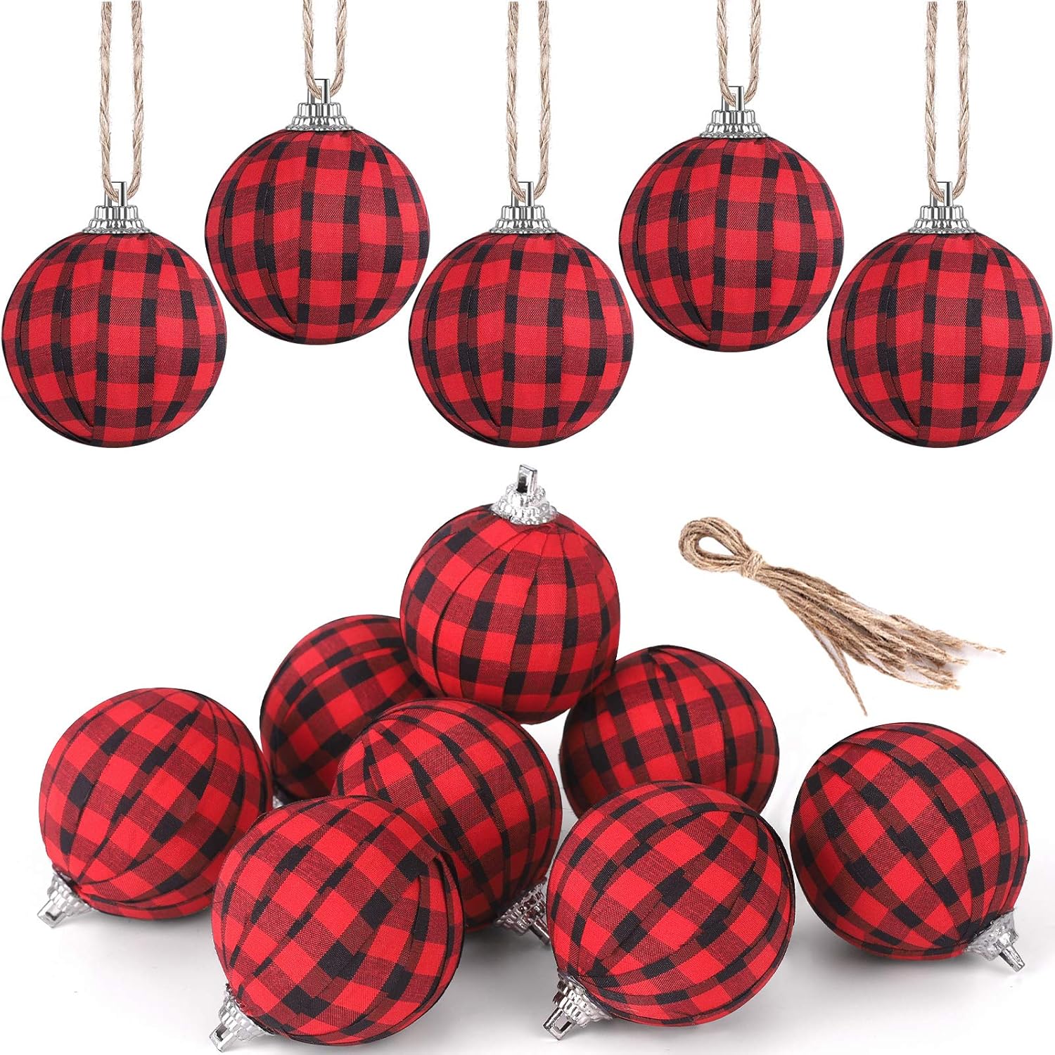 Fvviia Christmas Buffalo Plaid Fabric Ball Ornament Decorations Christmas Tree Hanging Ornaments Christmas Balls Decoration Holiday Party Xmas Decor (Red and Black-12 Pieces)