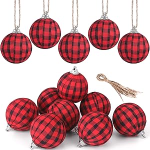Fvviia Christmas Buffalo Plaid Fabric Ball Ornament Decorations Christmas Tree Hanging Ornaments Christmas Balls Decoration Holiday Party Xmas Decor (Red and Black-12 Pieces)