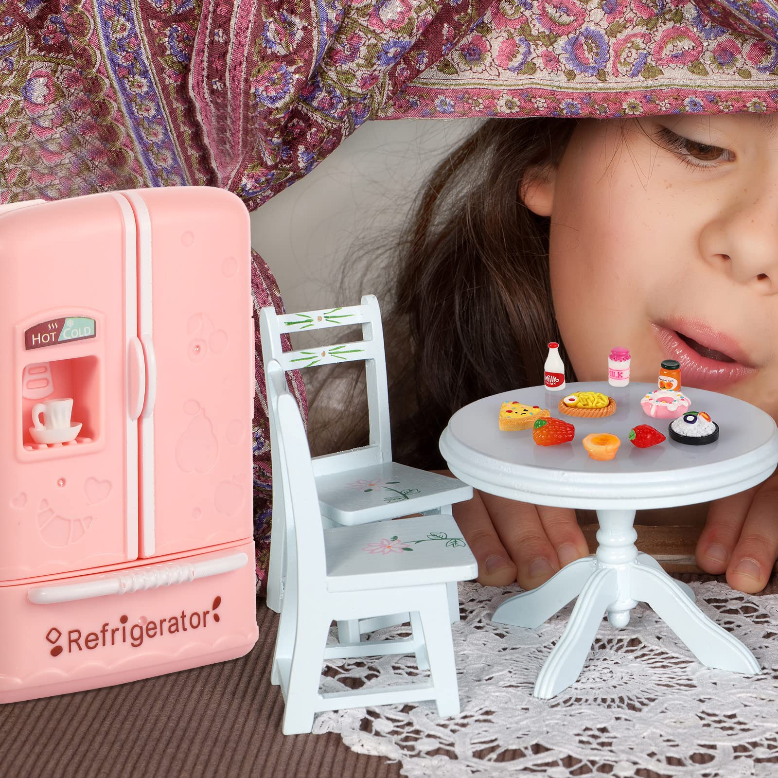 Civaner 17 Pieces Dollhouse Refrigerator Mini Fridge Toy with Christmas Mini Food Set Dollhouse Kitchen Furniture Food Toy Miniatures Kitchen Decoration Bottle Fruit Dessert for People (Lovely Style)