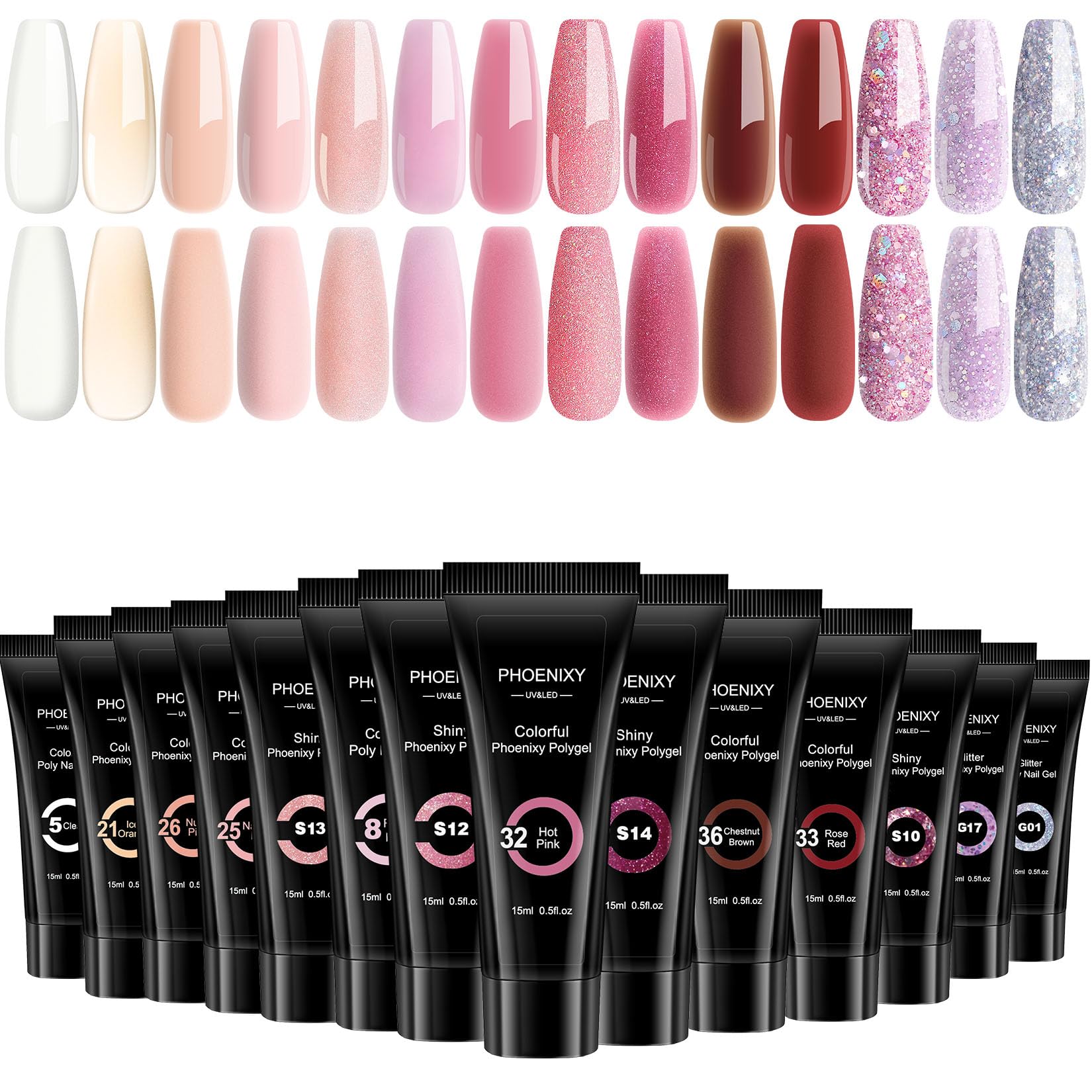 Poly Nail Gel Kit, 14 Colour 15ml Clear Nude Pink Builder Nail Gel Set Nail Extension Gel Basic Gifts Set for Women