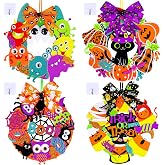 Winlyn 12 Sets Halloween Craft Kits - Fall DIY Wreath Decorations Art Sets With Pumpkin, Monster, Candy Corn, Spider, Bat - Foam Stickers for Kids Classroom Activities