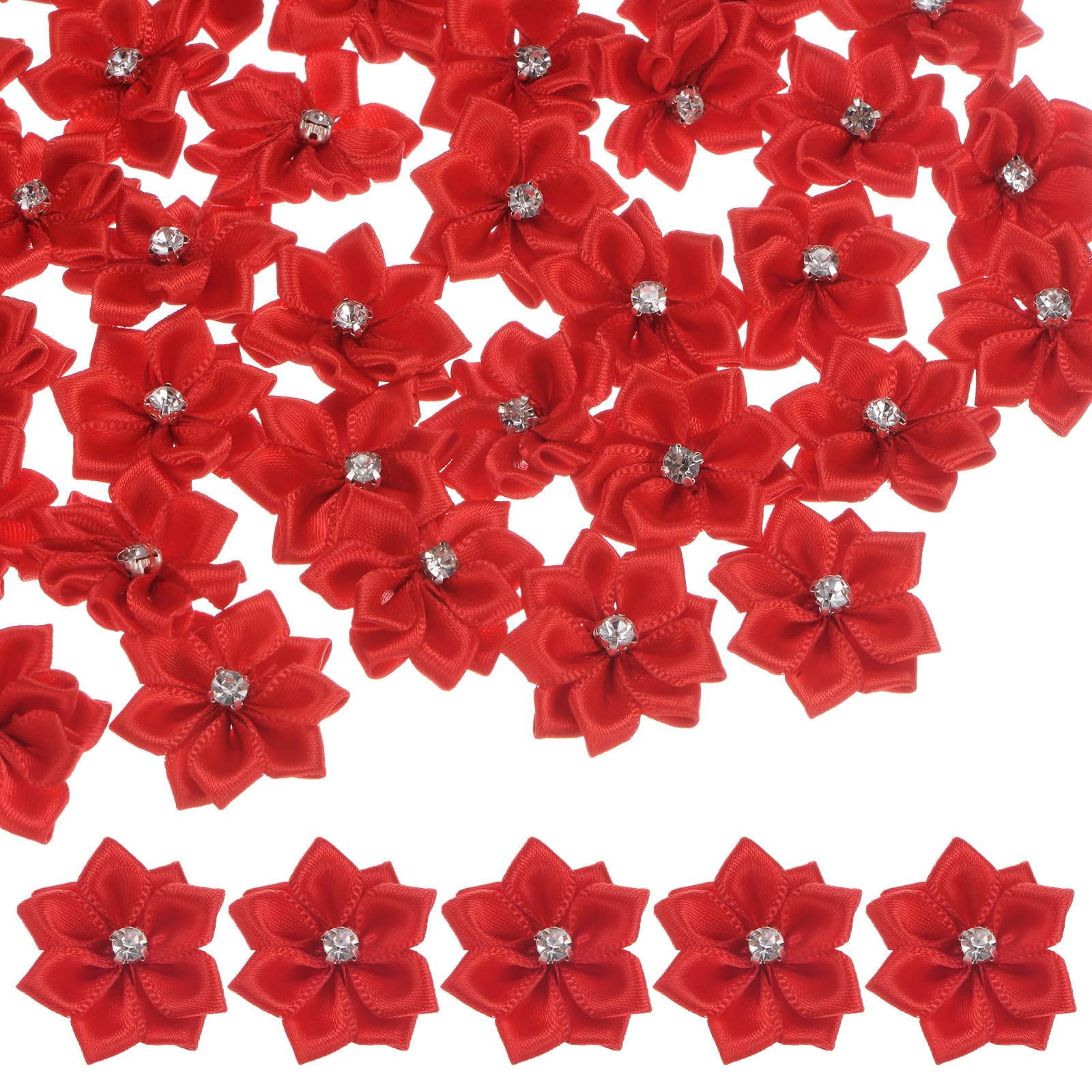M METERXITY 150-pack Satin Ribbon Flowers, 1.2 Inch Mini Fabric Flowers with Rhinestones Flower Ribbon Appliques for Crafts DIY/Wedding/Ornament/Party/Home [Bright Red]