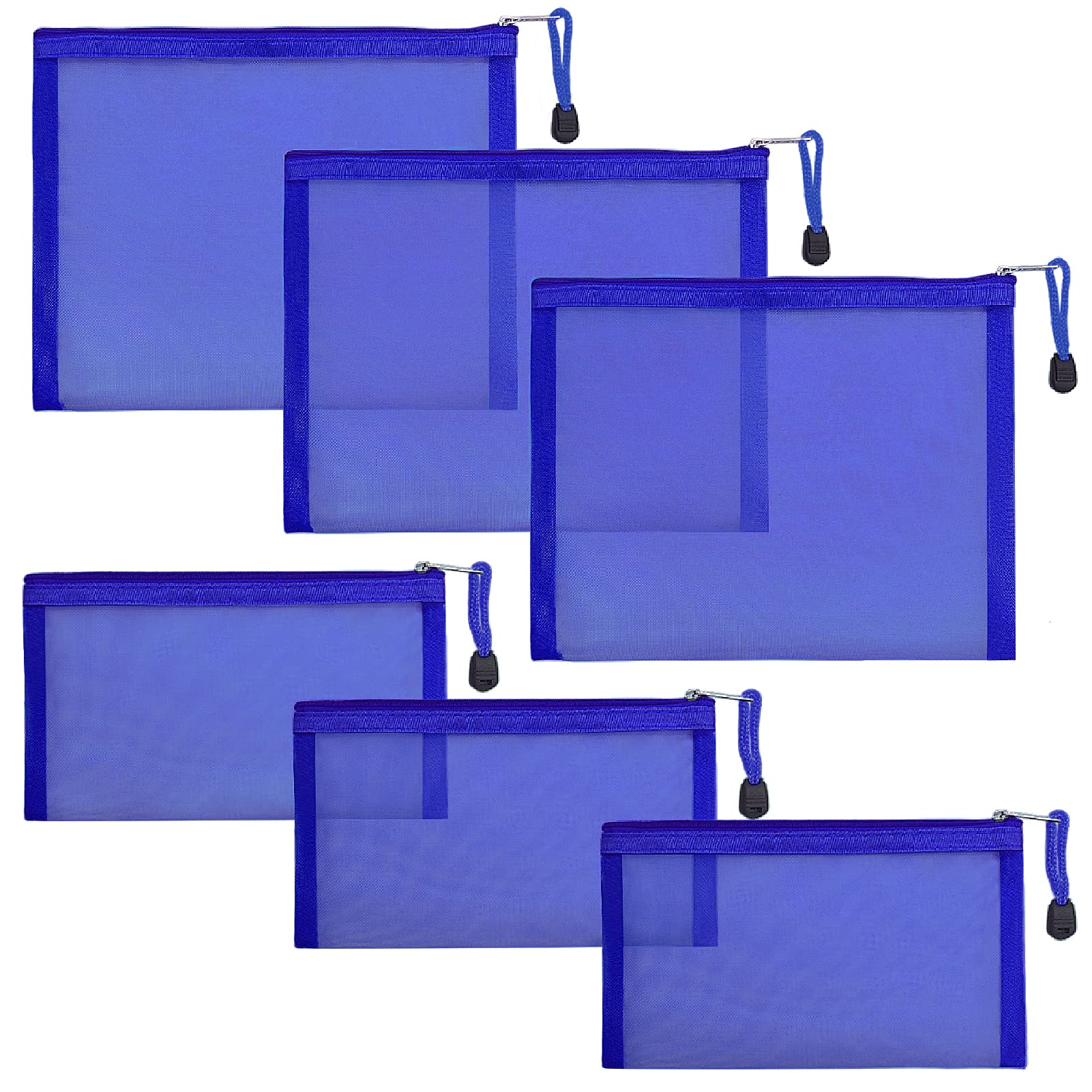 GINOYA Mesh Toiletry Bags, 6pcs Nylon Makeup Pouches with Zipper for Cosmetic Home Office Purse Diaper Bag (Blue)