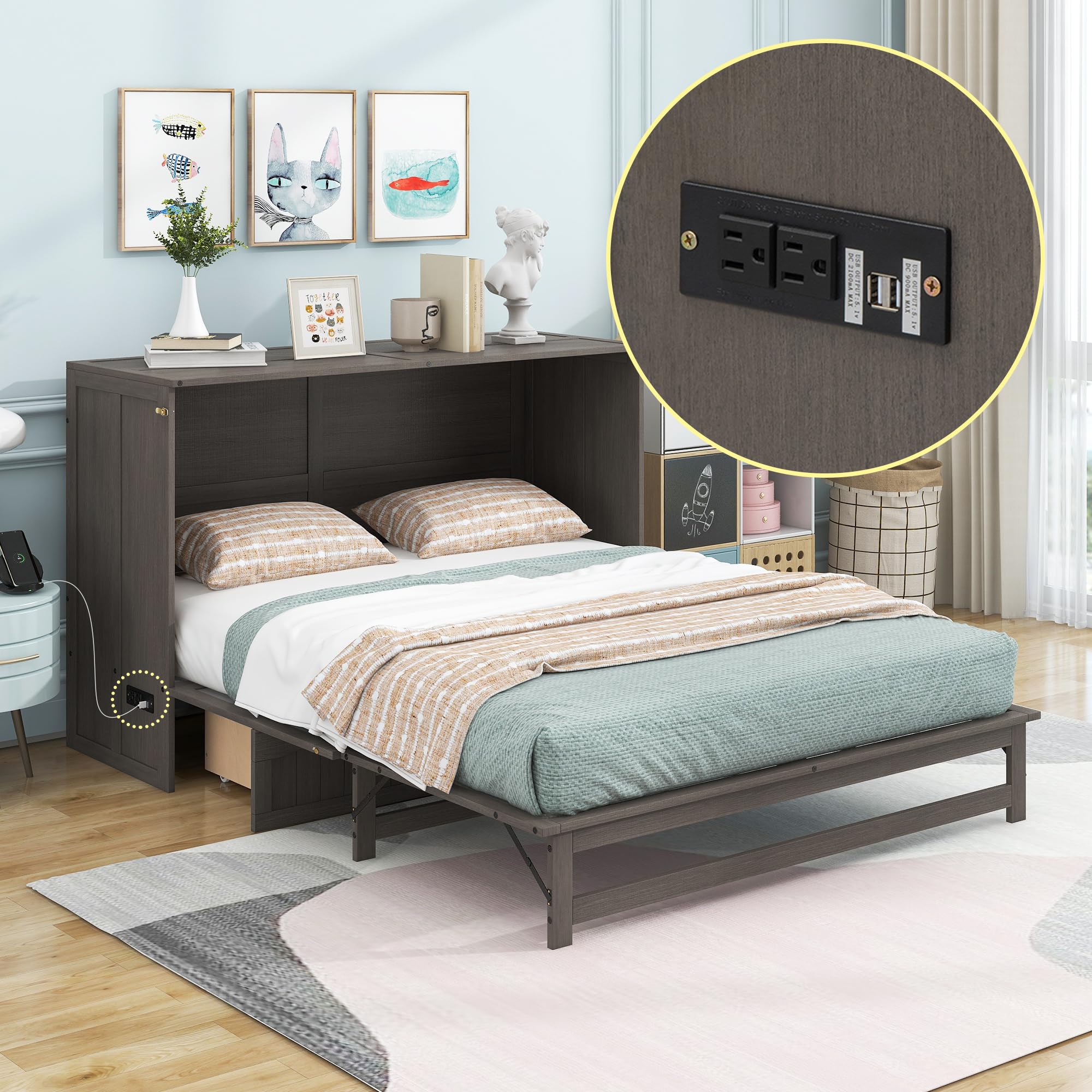 Photo 1 of ** USED/ 2 BOXES** ** FAVSH Queen Size Murphy Bed Built-in Charging Station & Storage Drawer, Rustic Country Style Wall Bed,Easy Assembly Solid Pine Wood Hidden Beds for Bedroom,Space-Saving, Antique Grey