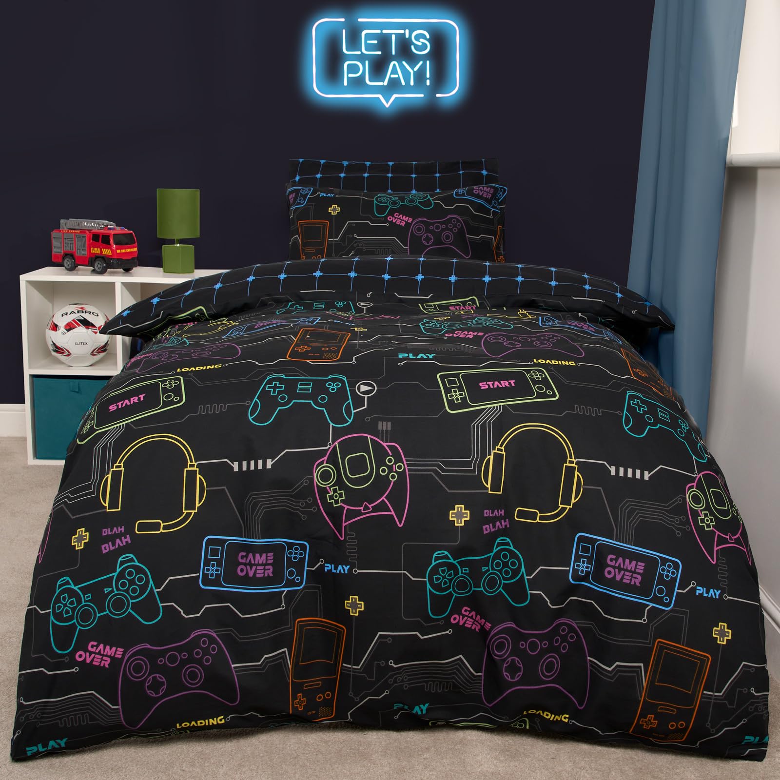 OHS Gaming Bedding Boys Single Duvet Cover Set, Gamer Gifts for Boys Winter Quilt Cover Ultra Soft Comfy Single Bedding Stylish Kids Duvet Cover Sets with Pillowcase, Black