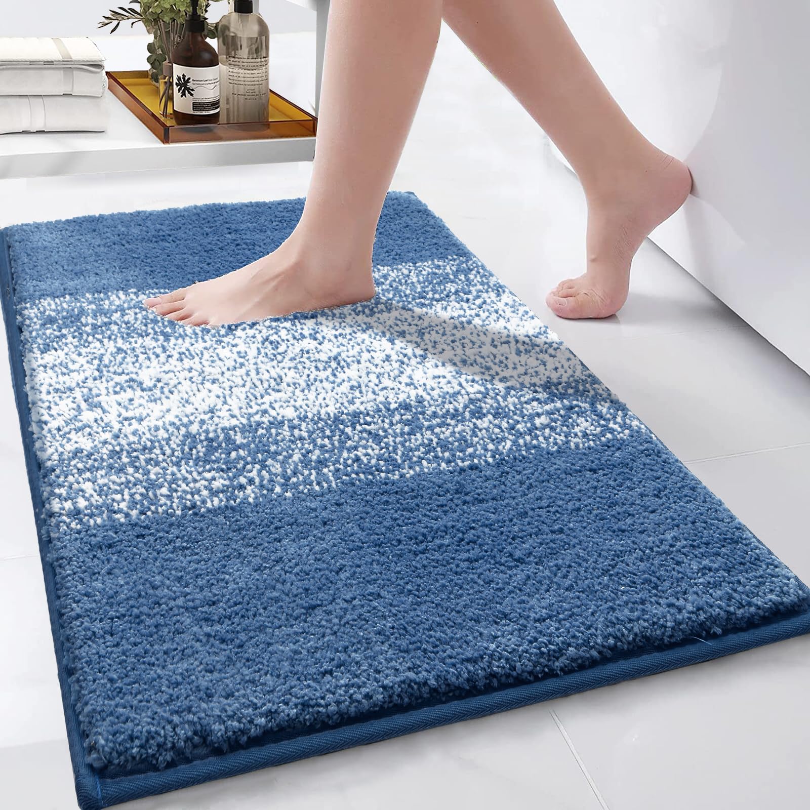 Enyhom Microfiber Extra Soft Bathroom Mat Blue Non Slip Washble Bath Rug Fluffy Water Absorbent Bathroom Floor Rug, 50 x 80 cm