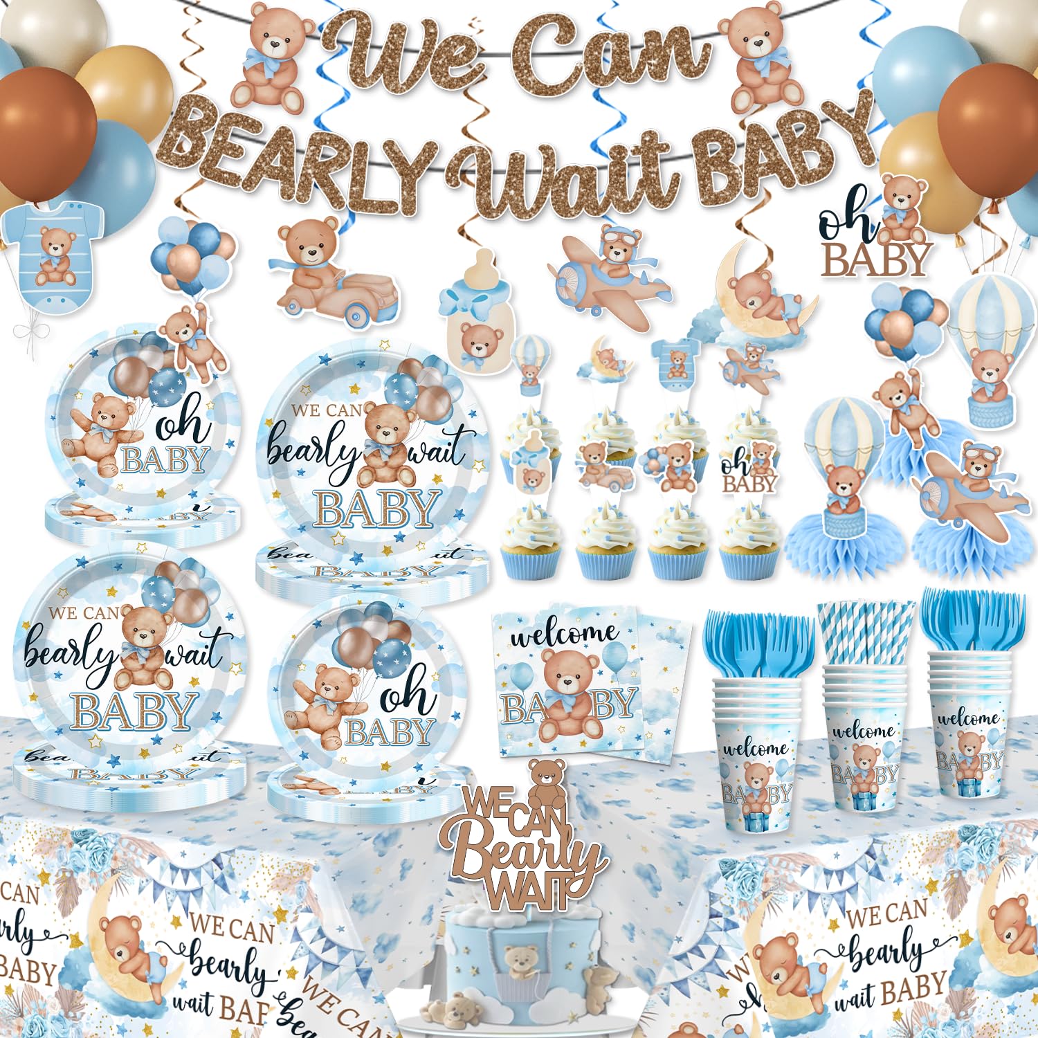 Photo 1 of 201PCS Blue Baby Shower Decorations Serves 25, Boy Baby Shower Include Banner, Plates, Balloons, Cake Topper and Tablecloths, for Baby Boy Shower Decorations