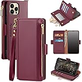 Antsturdy Compatible with iPhone 12 Pro Max Wallet Case,RFID Blocking PU Leather Phone Case Women Men flip Protective Cover Wrist Strap Zipper Credit Card Holder Slots,for Apple 12 Pro Max,Wine Red