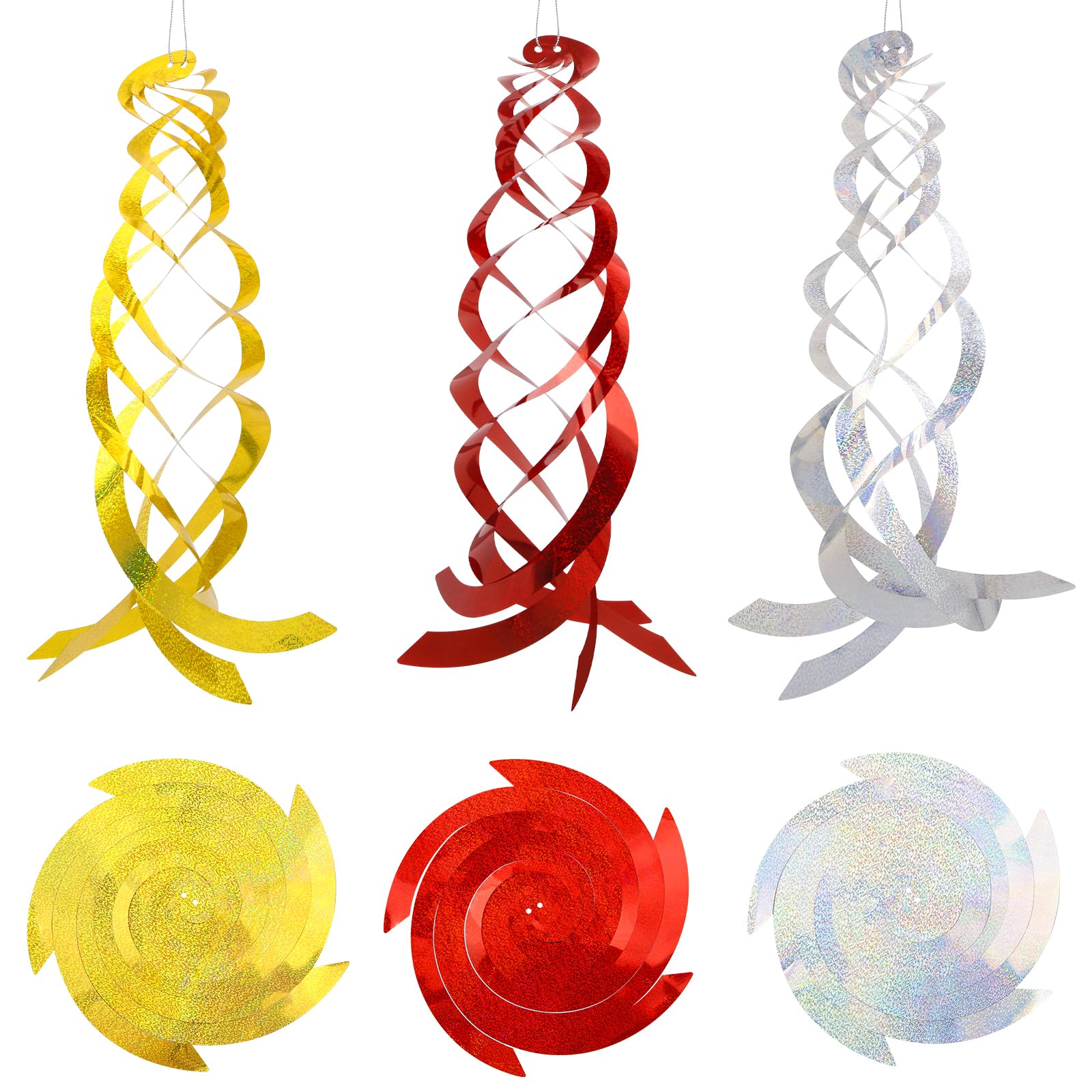 Bird Repellent Spiral Reflector,3 Pack 17.7 inches Hanging Reflective Bird Deterrent Device Silver Gold Red Color Reflective Spinner for Deterrent Scare Birds Away from Your Garden Roof Farm
