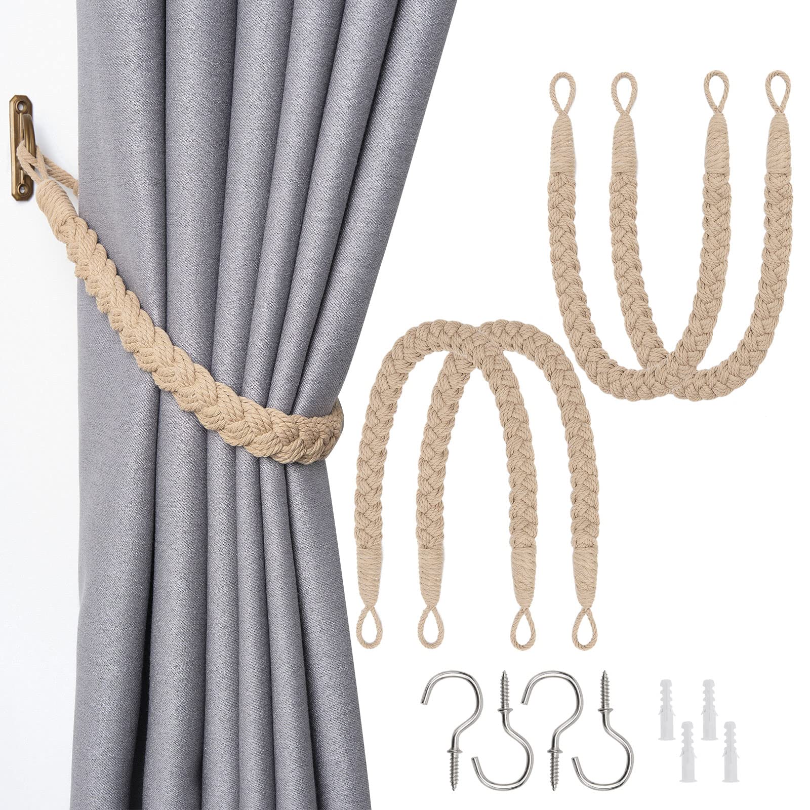 Pretty Jolly 4 Pack Natural Cotton Rope Curtain Tiebacks Elegant Boho Style Decorative Drape Tie Backs Soft Hand-Woven Rope Curtain Holdbacks with Metal Hook for Home & Office Drapery (Dark Beige)