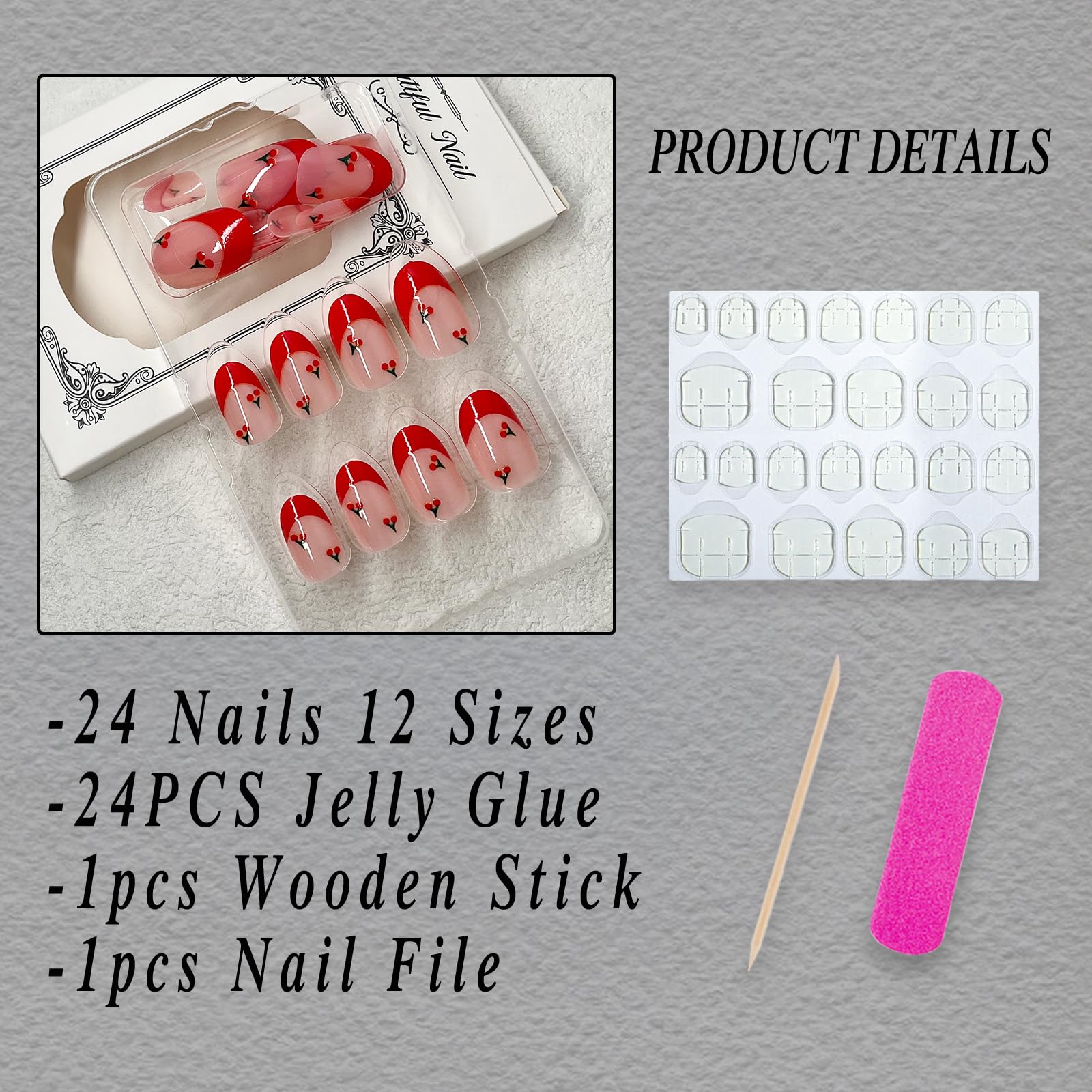 ROFIBUT Red French Tip Press on Nails Almond Short Fake Nails Cute Nude Pink Full Cover Glue on Nails with Red Cherry Glossy Artificial Stick on Nails Reusable Acrylic False Nail for Women Girls 24Pcs - Image 2