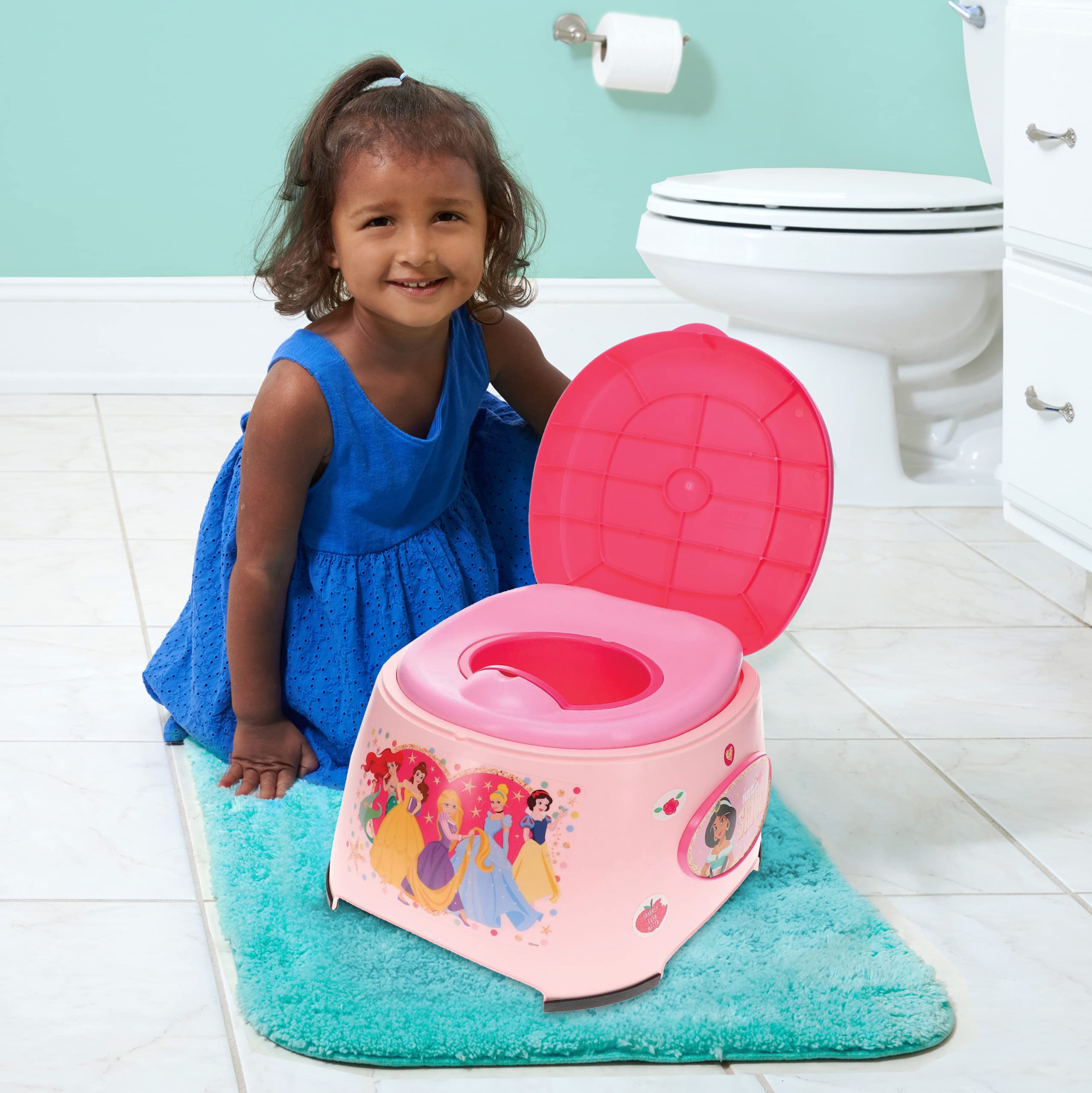 Disney Princess 3-in-1 Potty Training System for Toilet Training Kids, Multi-Stage Potty Training - Floor Potty, Detachable Potty Ring, Step Stool | Toilet Seat for Kids and Toddlers