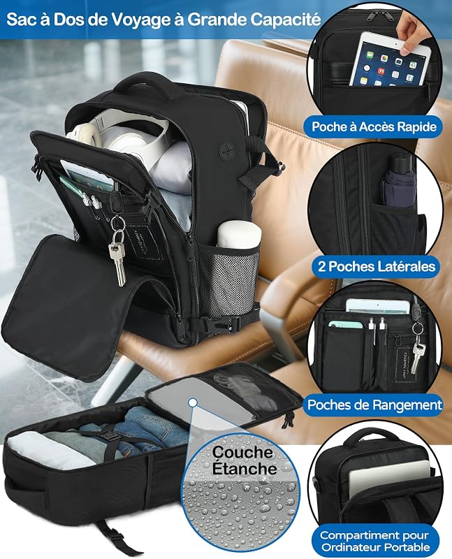 Sac à dos Voyage Cabine Avion 40x30x20 Bagage Cabine pour Ryanair easyJet Eurowings 24L Sac à dos Anti-vol pour Ordinateur 15,6 Pouces Homme Femme Noir