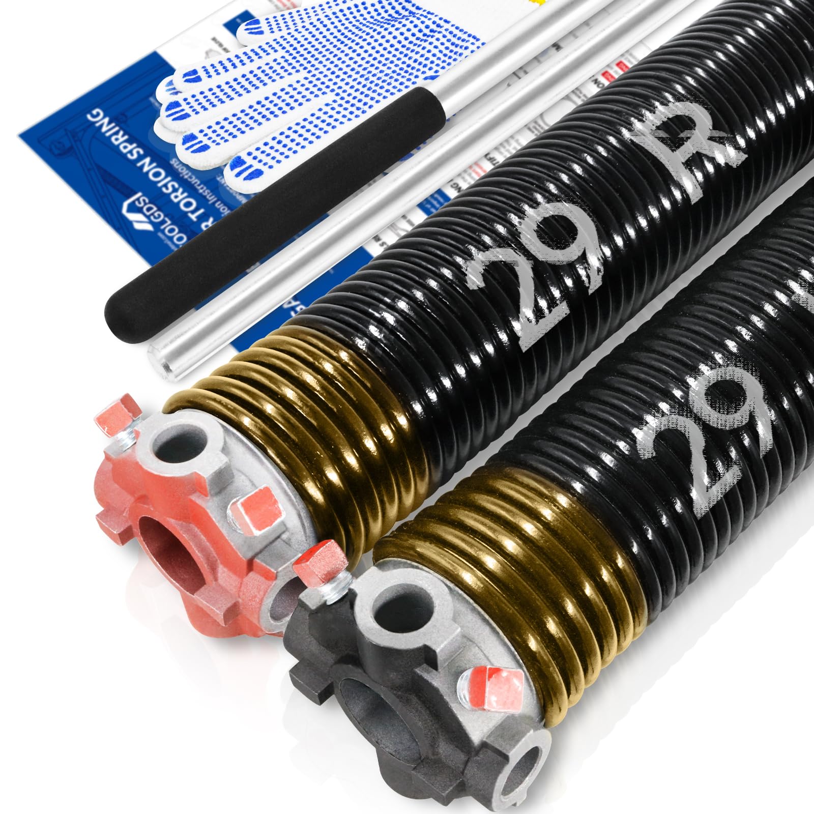 YoToolGDS Pair of 2" Garage Door Torsion Springs Set with Non-Slip Winding Bars & Gloves, High Precision Electrophoresis Oil-Free Black Coated for Replacement, MIN 16,000 Cycles (0.250x 2" x 29'') Image