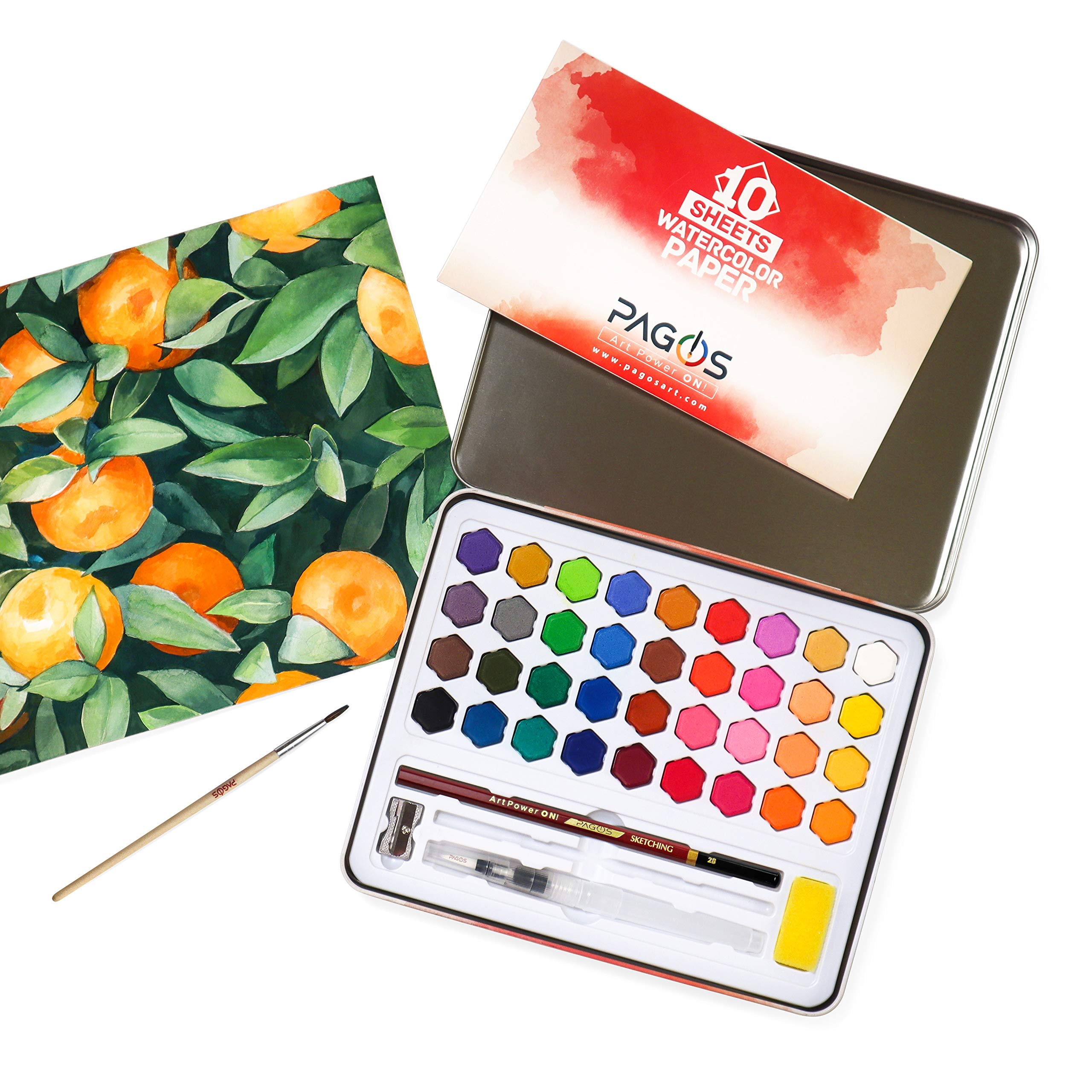 Pagos Watercolor Paint Set Art Kit of 36 Vivid Colors w 10 Sheets Water Color Paper Refillable Brush, Sponge, Drawing Pencil, Brush, Perfect Gift for Adults Students Kids Beginners Artists